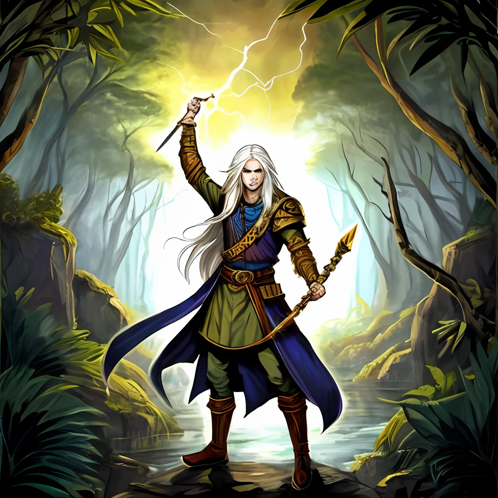 Aasimar, Holding lightning bolt in hand, Jungle scenery, Long white hair, Golden accessories, RPG, D&D,