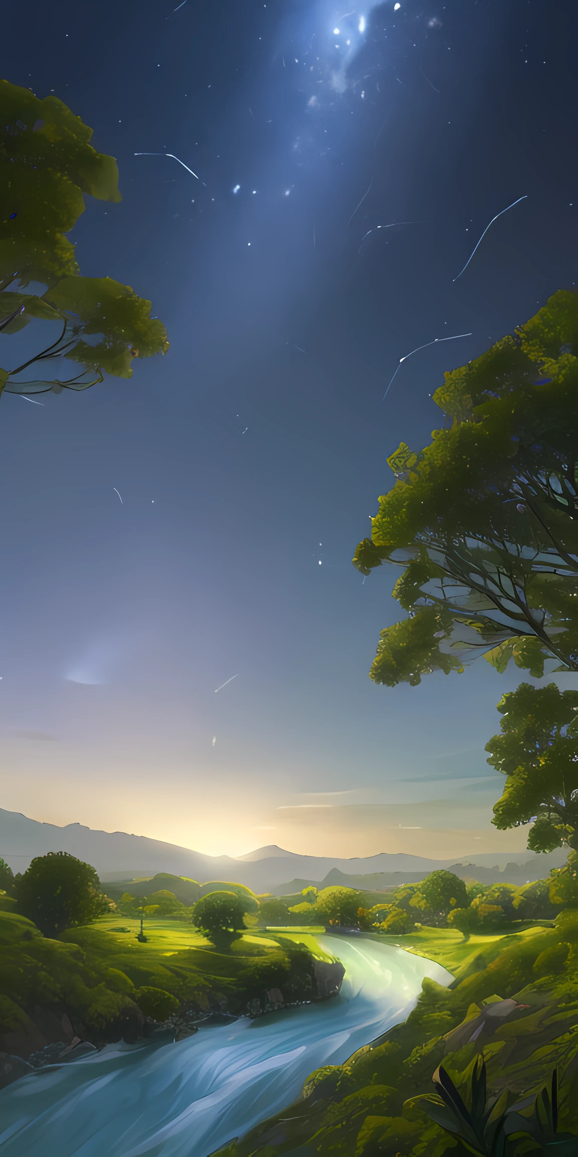Illustration of a surreal, otherworldly, hyper sky scene including a giant crystal tree full body, highly detailed and magical lighting, intricate forest details, vegetation and surrounding river, solar punk, landscape, giant tree , beautiful green leaves, beautiful lighting and realistic proportions, as if this is a movie background, 8k, highest quality, masterpiece, clouds and stars in the sky.