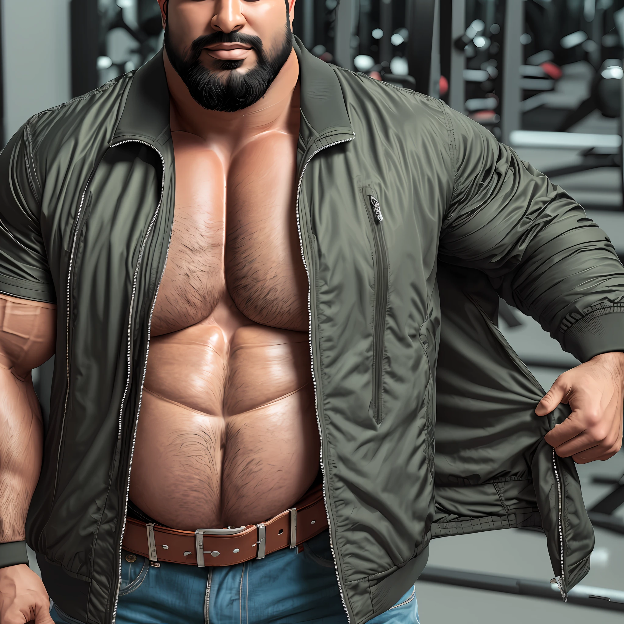 Sameer Najjar, (man 30 year old:1.0), (beard:1.0), (huge:1.1), (fat:1.0), (chubby:1.0), (muscle bodybuilding:1.3), (belly:1.2), (big breast:1.2), (((wearing a jacket:1.0))), (((with t shirt:1.0))), ultra-detailed, film photography, light leaks, Larry Bud Melman, trending on artstation, sharp focus, studio photo, intricate details, highly detailed, by greg rutkowski, ((3d render)), intricately rendered --auto