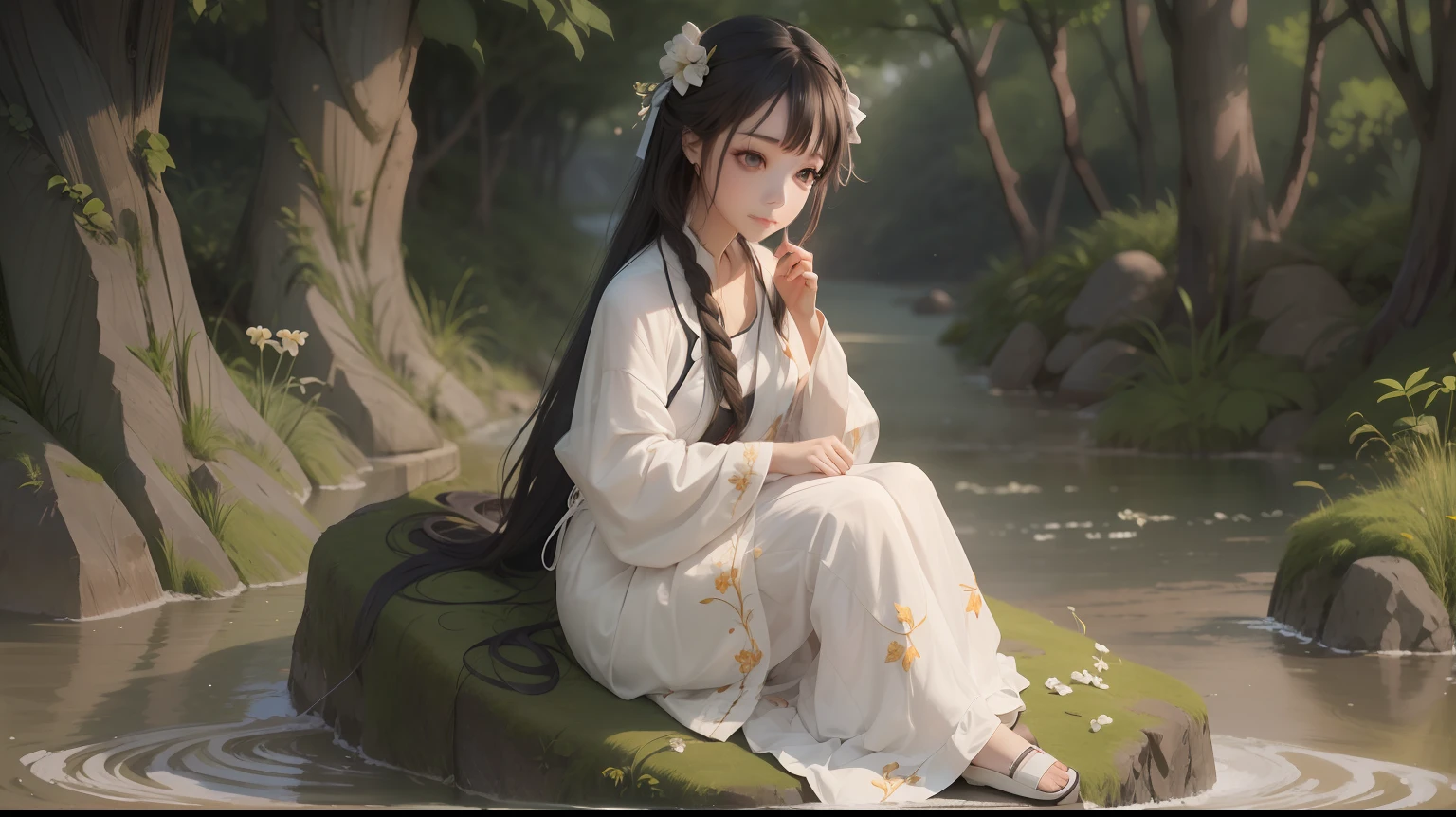 sunset, cinematic, 1 girl, lake, vast grassland, traditional clothing, eyes looking away from camera, beautiful girl, hair tied up traditional way, palace, Hanfu dress, nature, cinematic, best quality, small smile