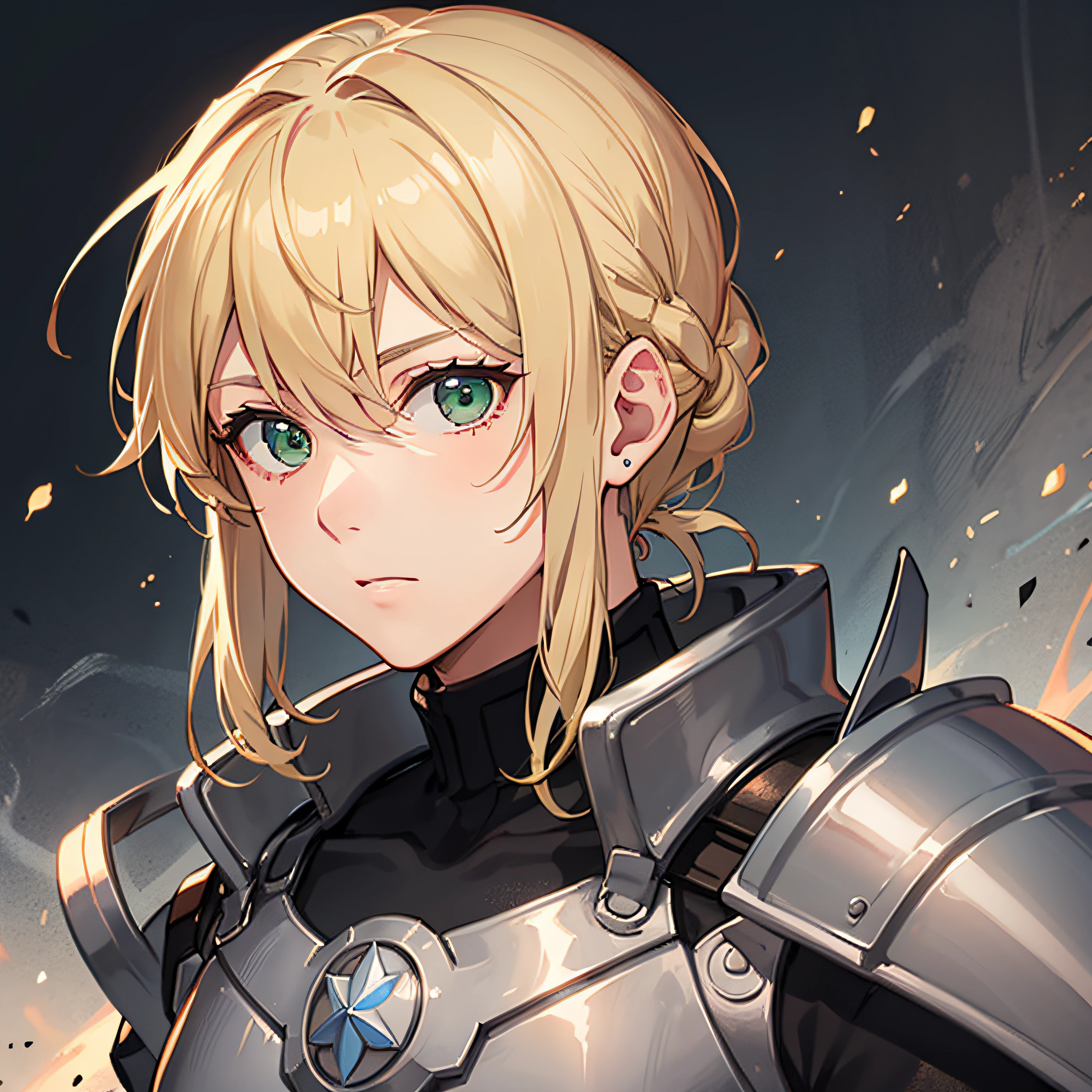 A man with blonde hair tied behind his head. Has green eyes. Wears grey armor