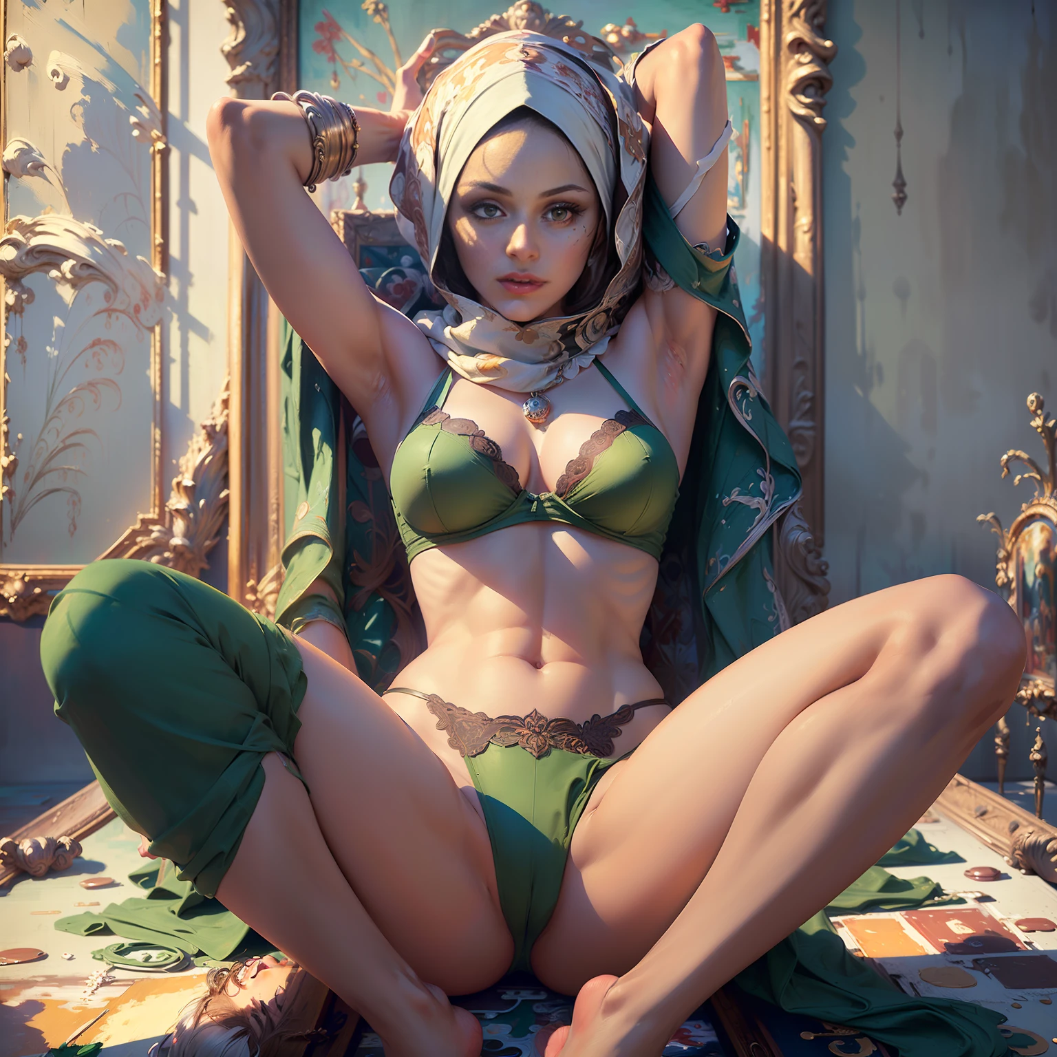 ( 
    (Character: one hacker woman, Middle Eastern traits, brown skin:1.3, dark brown eyes, small tits)
    (Clothing:  faded lingerie, green Hijab)
    (Pose: full body shot:1.7, sitting with legs open, arms raised above the head, in a seductive pose)
    (Background: luxury room:1.3, soft green color scheme) 
    (Style: ((masterpiece:1.5)), (face detailed), photo-realistic:1.3, hyperrealistic, film grain, realistic lighting, backlighting:1.3)
)