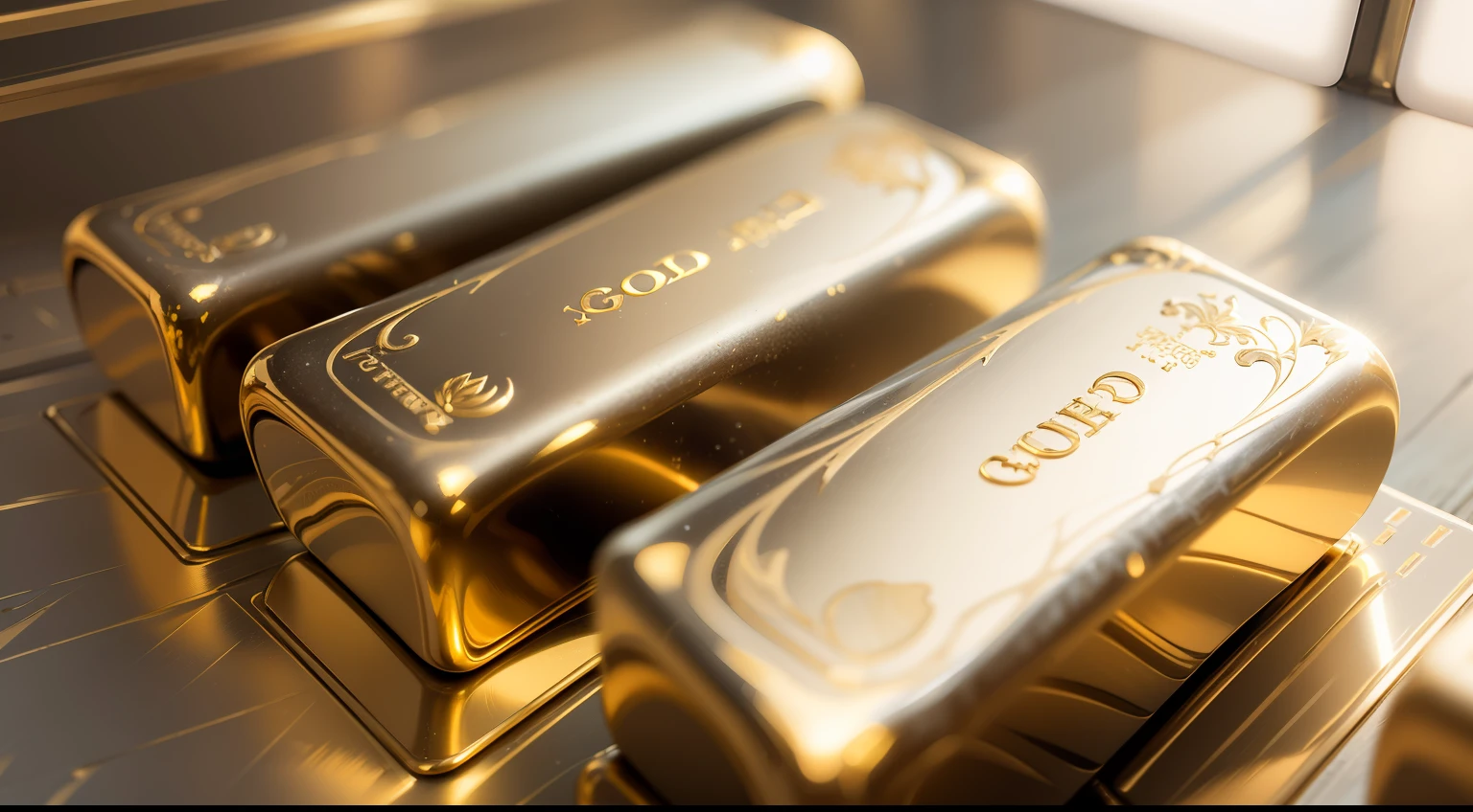 Generate an image representing three high-quality gold bars. The bars should have a bright and realistic appearance, reflecting their purity and value. Be sure to include precise details such as the identifying marks, textures, and sheen characteristic of gold. The bars should be positioned in such a way as to create a balanced and aesthetically pleasing composition. This image is ideal for illustrating concepts related to investments, finance, wealth, and security. Convey the sense of luxury and solidity that gold represents, creating an attractive and desirable image for potential buyers or related projects."