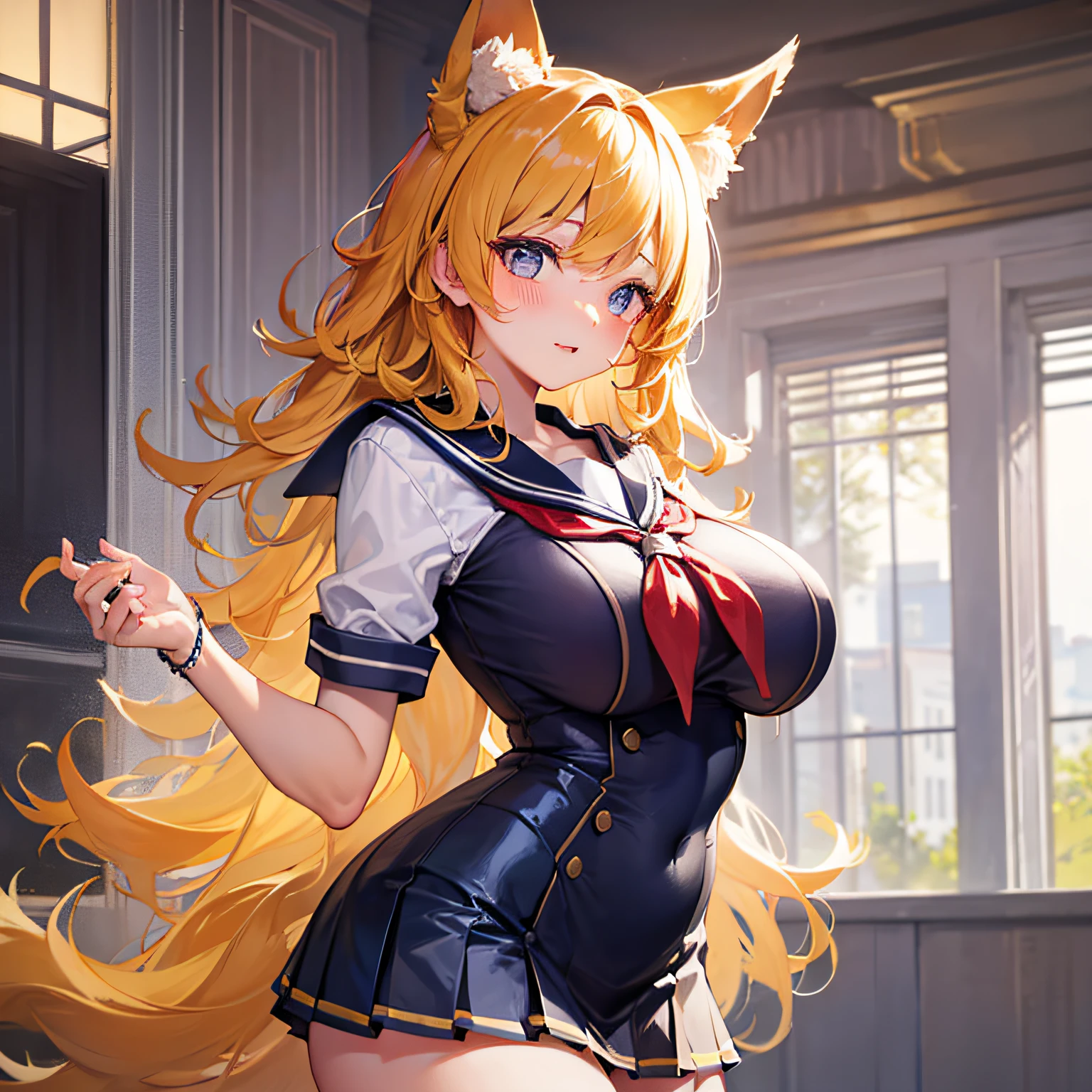 Absolutely beautiful fox girl, perfect slim body, mature royal sister face, yellow hair, large curly hair, sailor suit, sexy and seductive, beautiful face, full body portrait, standing pose, 4K picture quality, big body, feminine expression, blush shyness, deep eyes, huge breasts, short skirt
