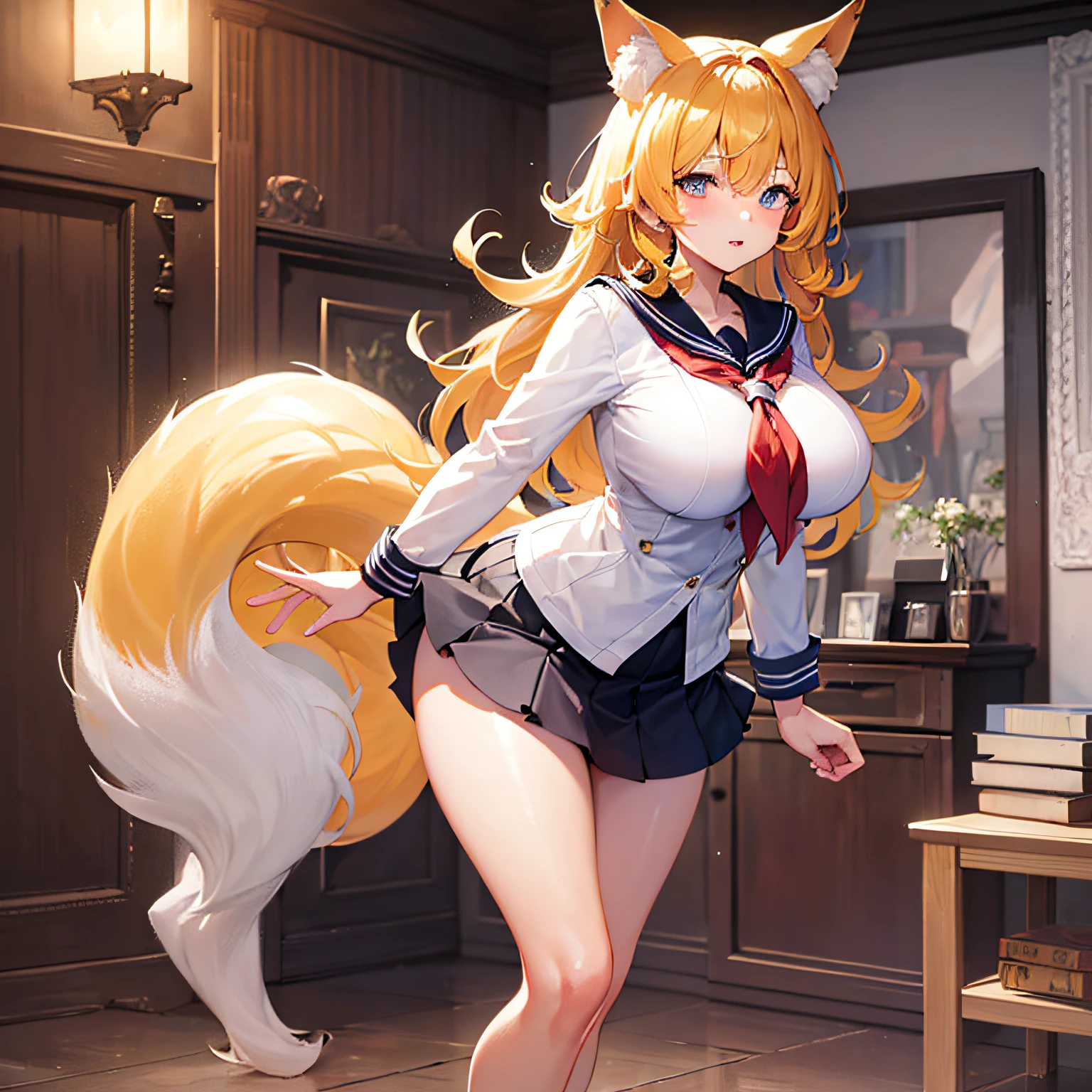 Absolutely beautiful fox girl, perfect slim body, mature royal sister face, yellow hair, large curly hair, sailor suit, sexy and seductive, beautiful face, full body portrait, standing pose, 4K picture quality, big body, feminine expression, blush shyness, deep eyes, huge breasts, short skirt