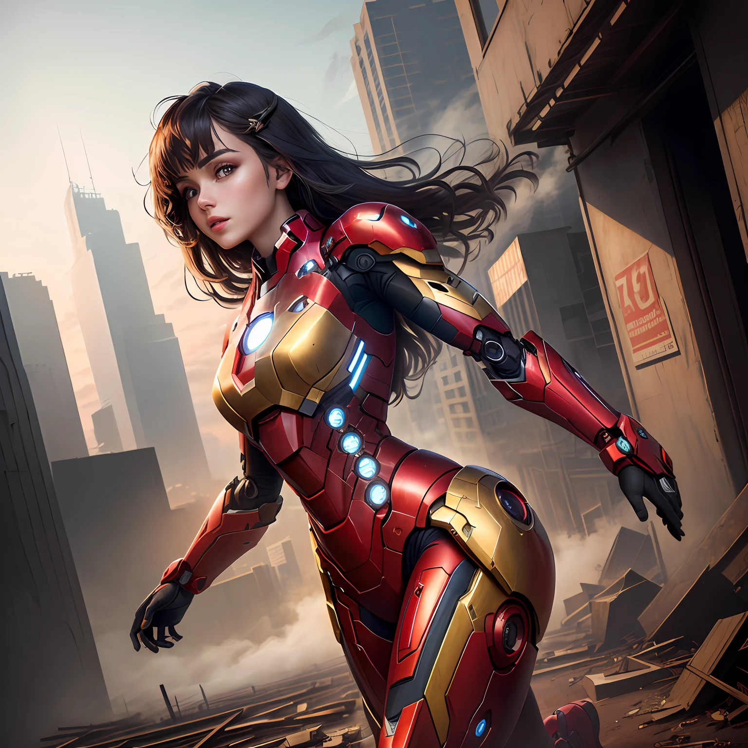 (1girl:1.3), solo,__body-parts__, official art, unity 8k wallpaper, ultra detailed, beautiful and aesthetic, beautiful, masterpiece, best quality, RAW, masterpiece, super fine photo,, best quality, super high Resolution, photorealistic, sunlight, full body portrait, stunningly beautiful,, dynamic pose, delicate face, vibrant eyes, (side view), she is wearing a futuristic Iron Man mech, red and gold, Highly detailed abandoned warehouse background, detailed face, detailed complex busy background, messy, gorgeous, milky, high detailed skin, realistic skin details, visible pores, sharp focus, volumetric fog, 8k uhd, dslr camera, High quality, film grain, fair skin, photorealism, lomography, sprawling metropolis in a futuristic dystopia, view from below, translucent