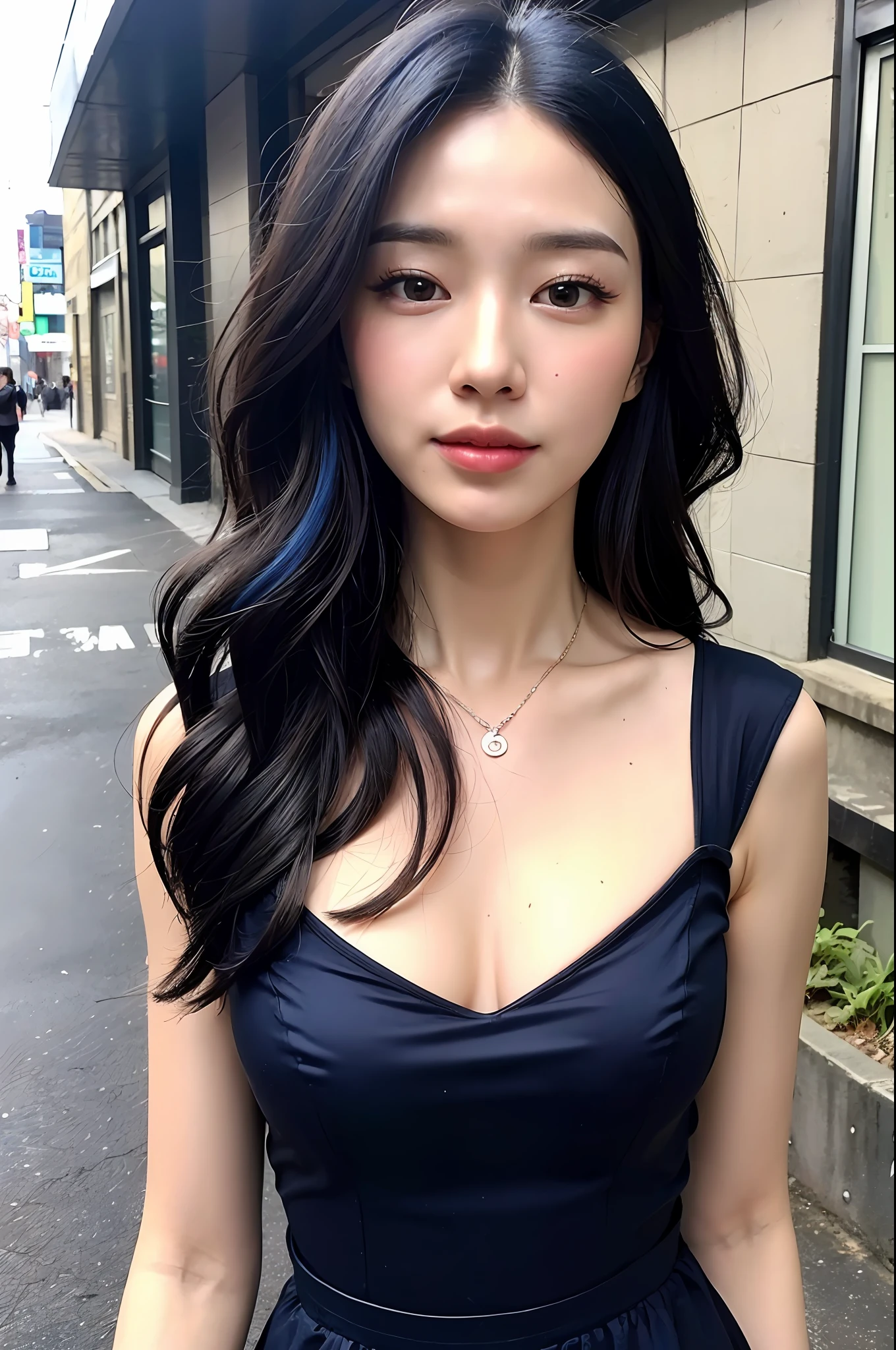 ((Top Quality, 8k, Masterpiece: 1.3)), 1 Girl, Smile, Slim Face, Pretty Woman, (Dark and Blue Hair), Full-Length Dress: 1.1, Ultra Detailed Face, Detailed Eyes, Double Eyelids, Blurred Background, Slim Face, City, Outside, Street, Korean Women, Curly Hair, Layer Cut, Long Hair