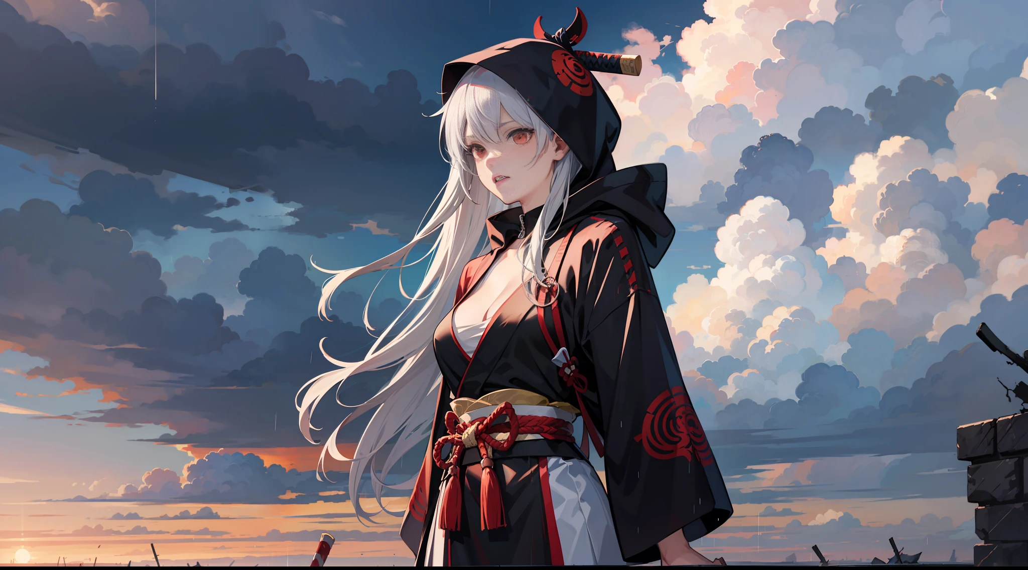 bloody war scenes , woman in red hoodie holding samurai sword in rain, very beautiful samurai, assassin, anime girl in hoodie , anime girl , anime art, pectoral fin cleavage , sky clouds, highlights ,girl, (18 years old), fantasy , full body, red eyes , horror , realistic anime style battle scenes , blood float at the sword , long silver hair , realistic samurai sword , 8k anime realism style , dead man in background , ruins