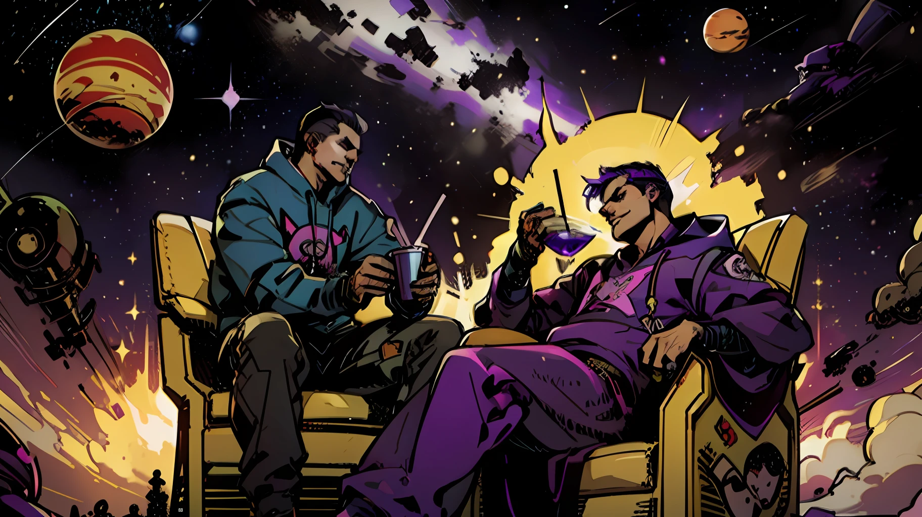 arafed drawing of two teenage boys holding semi-automatic weapons, smoking, floating in space,cartoon art style, resting after a hard fight, graffiti style, anime style", tired and drunk, sketchy, purple universe, purple drink cup, hip hop style, smug smile, mean look, planets, stars, smoke, best quality --auto