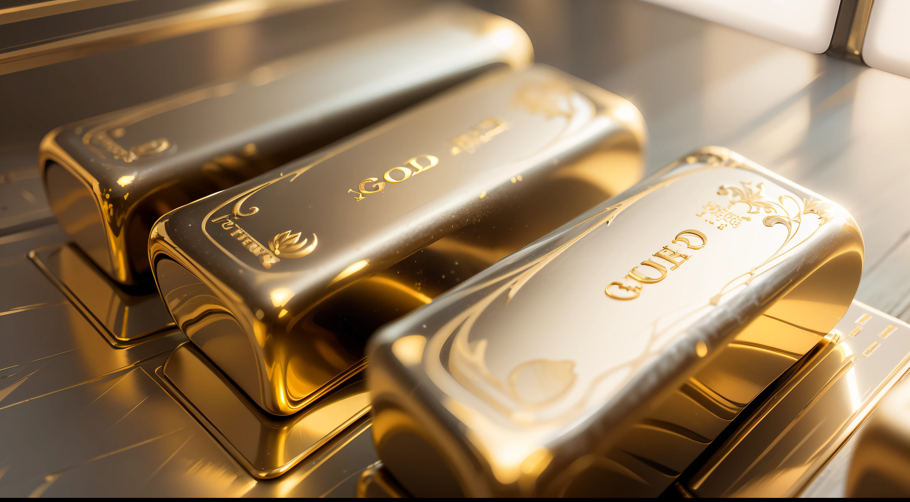 Generate an image representing three high-quality gold bars. The bars should have a bright and realistic appearance, reflecting their purity and value. Be sure to include precise details such as the identifying marks, textures, and sheen characteristic of gold. The bars should be positioned in such a way as to create a balanced and aesthetically pleasing composition. This image is ideal for illustrating concepts related to investments, finance, wealth, and security. Convey the sense of luxury and solidity that gold represents, creating an attractive and desirable image for potential buyers or related projects."