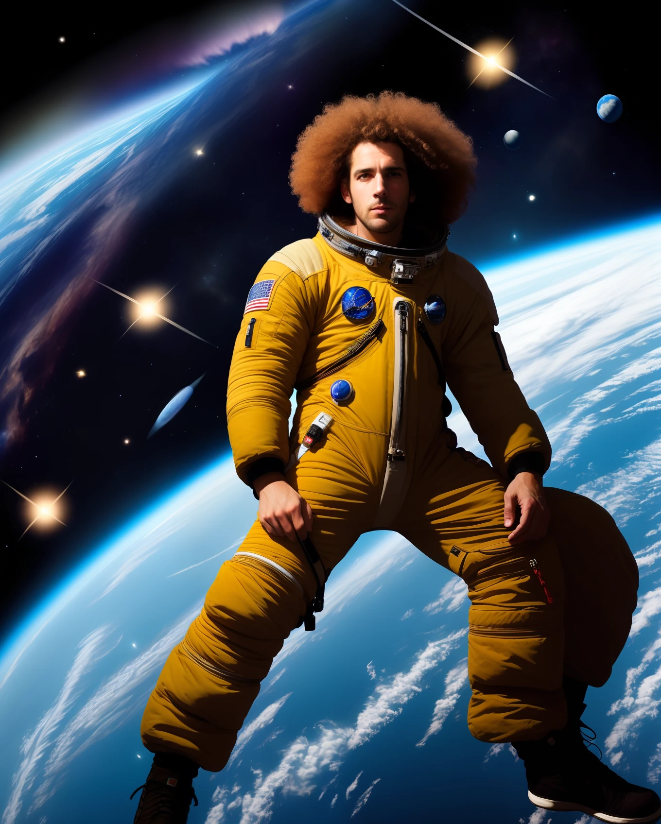 Tall strong man with curly hair living in space