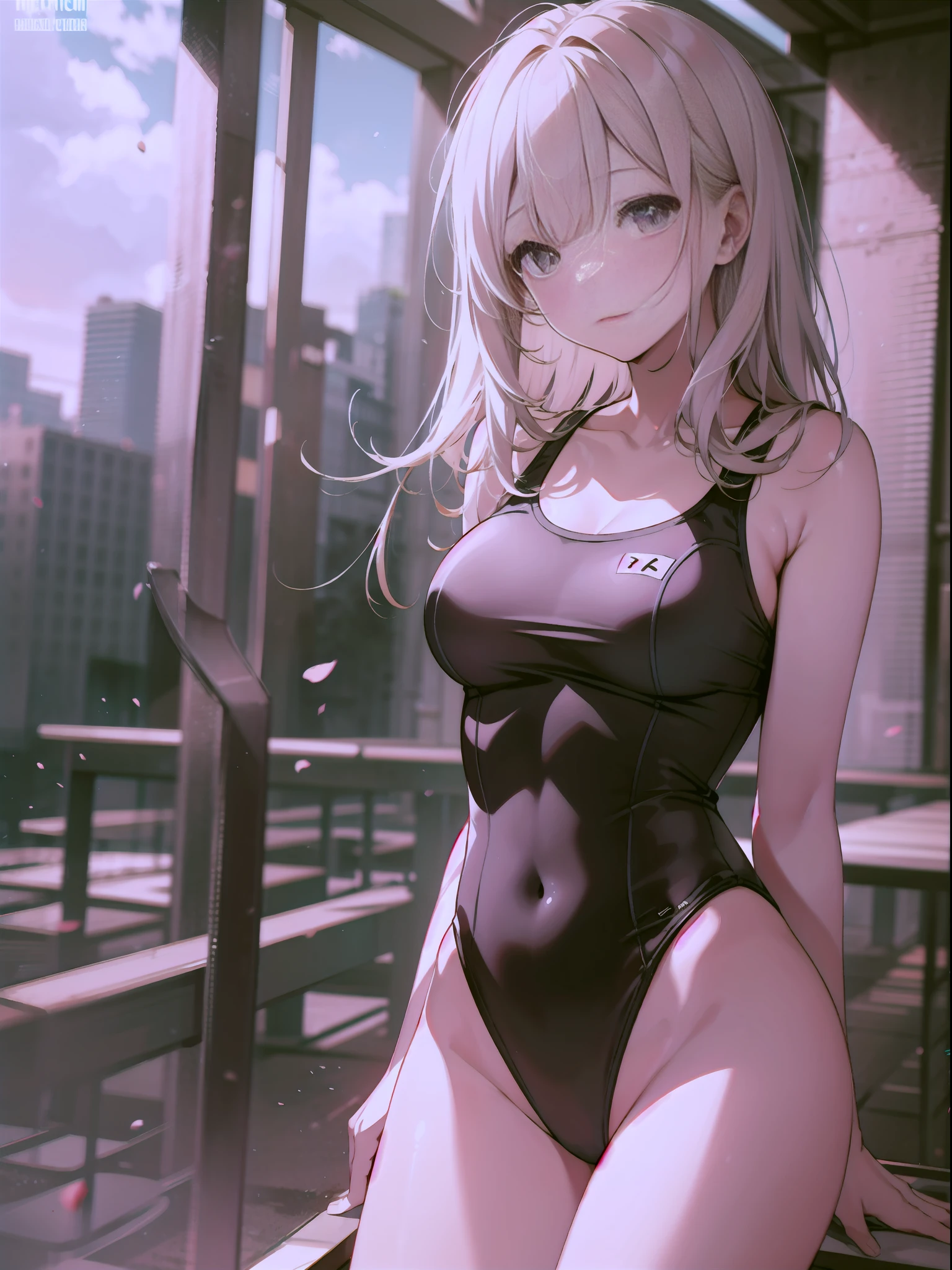 Slender beautiful girl, alone, school swimsuit, high resolution, top quality, fine details, do not blush cheeks, knee high, dynamic angles, cinematic lighting, rake up hair