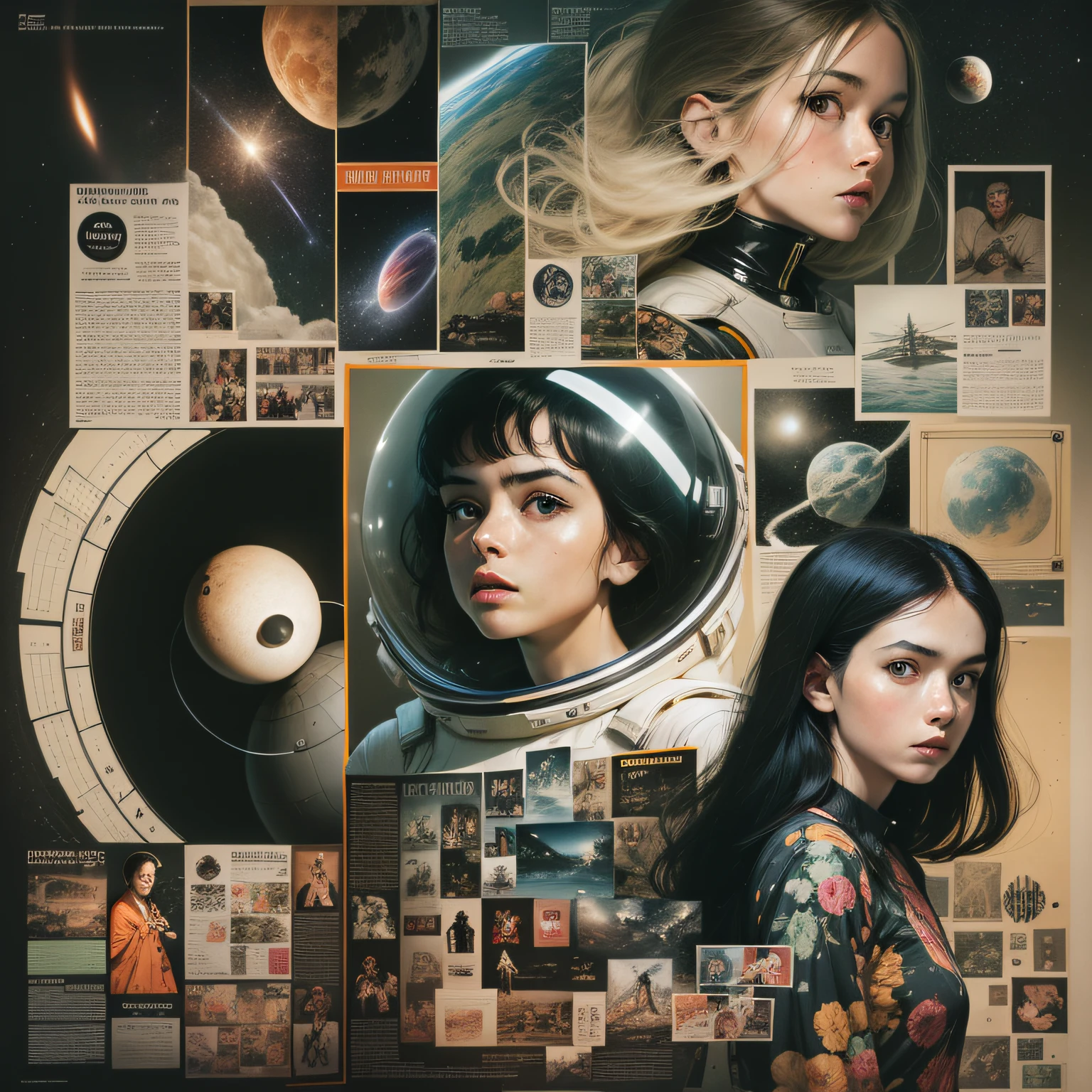 A mid-century modern collage, made of random shapes from fashion and science magazines and text books, of 2001: A Space Odyssey film poster --q 2 --v 5 --ar 3:4 (