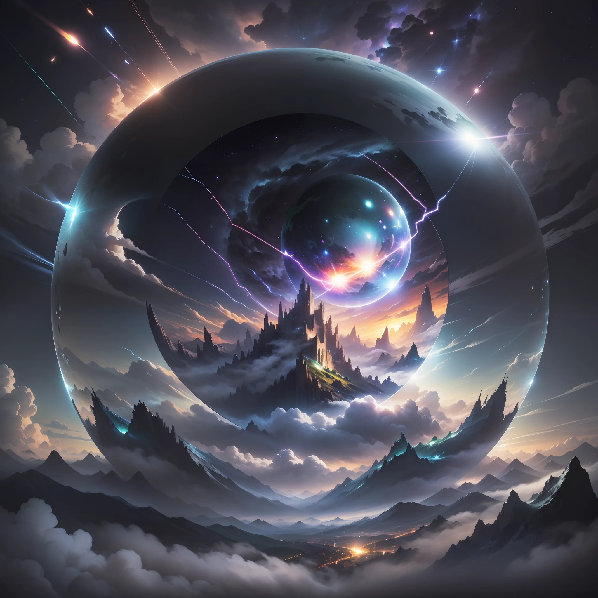 A giant mirror sphere floating in space, flickering lights, (green fields like the sky surrounded by high mountains and clouds: 1.3), particles in the air, divine rays, stars in the background, complex fractals, detailed, (illustration), masterpiece, high resolution, better quality.