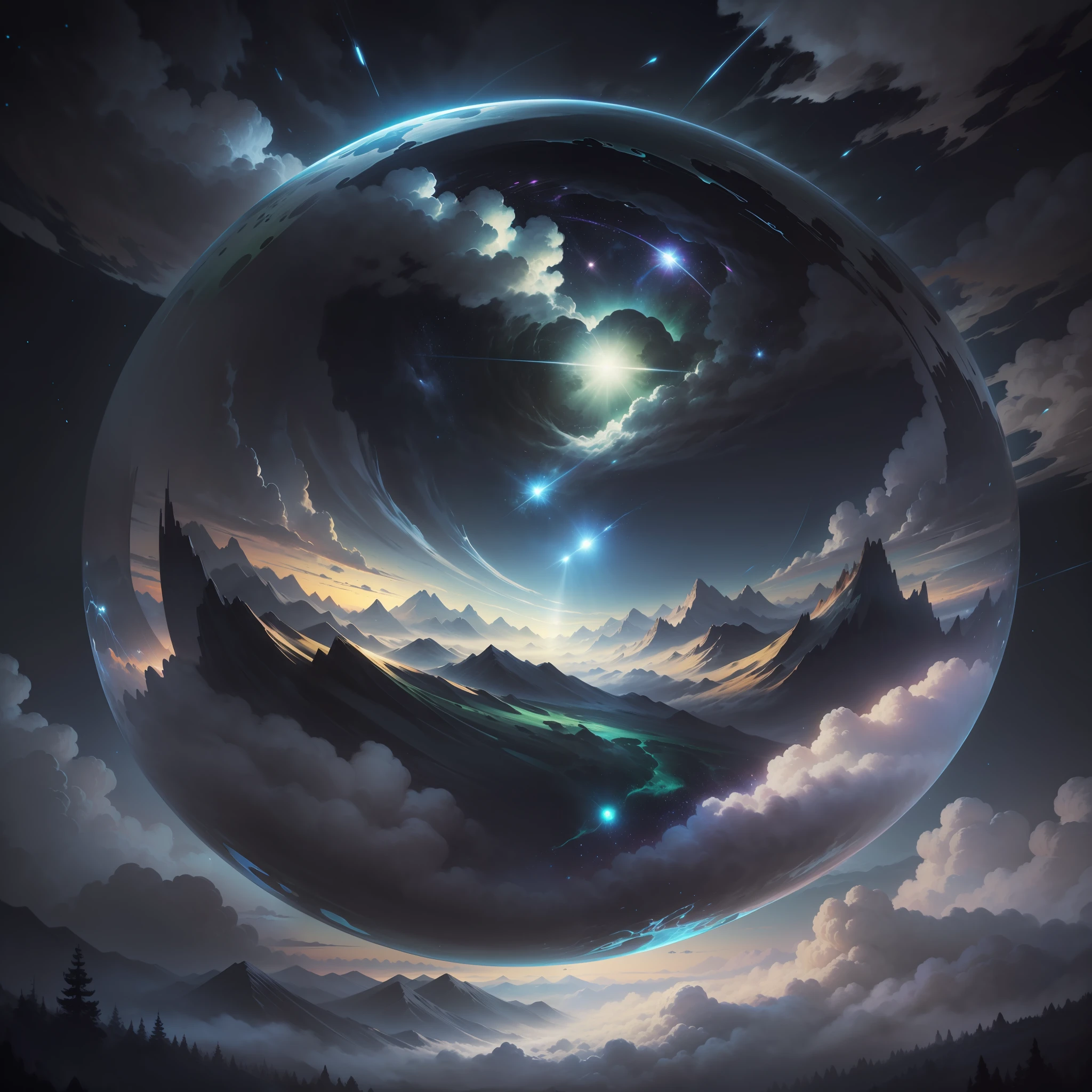 A giant mirror sphere floating in space, flickering lights, (green fields like the sky surrounded by high mountains and clouds: 1.3), particles in the air, divine rays, stars in the background, complex fractals, detailed, (illustration), masterpiece, high resolution, better quality.