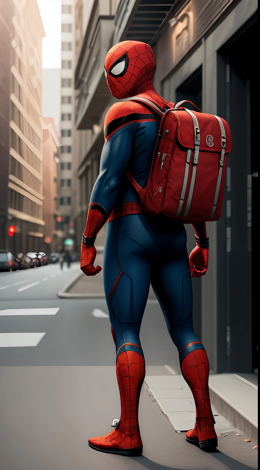 spider-man wearing a red delivery backpack, realistic, 8k, full body --auto