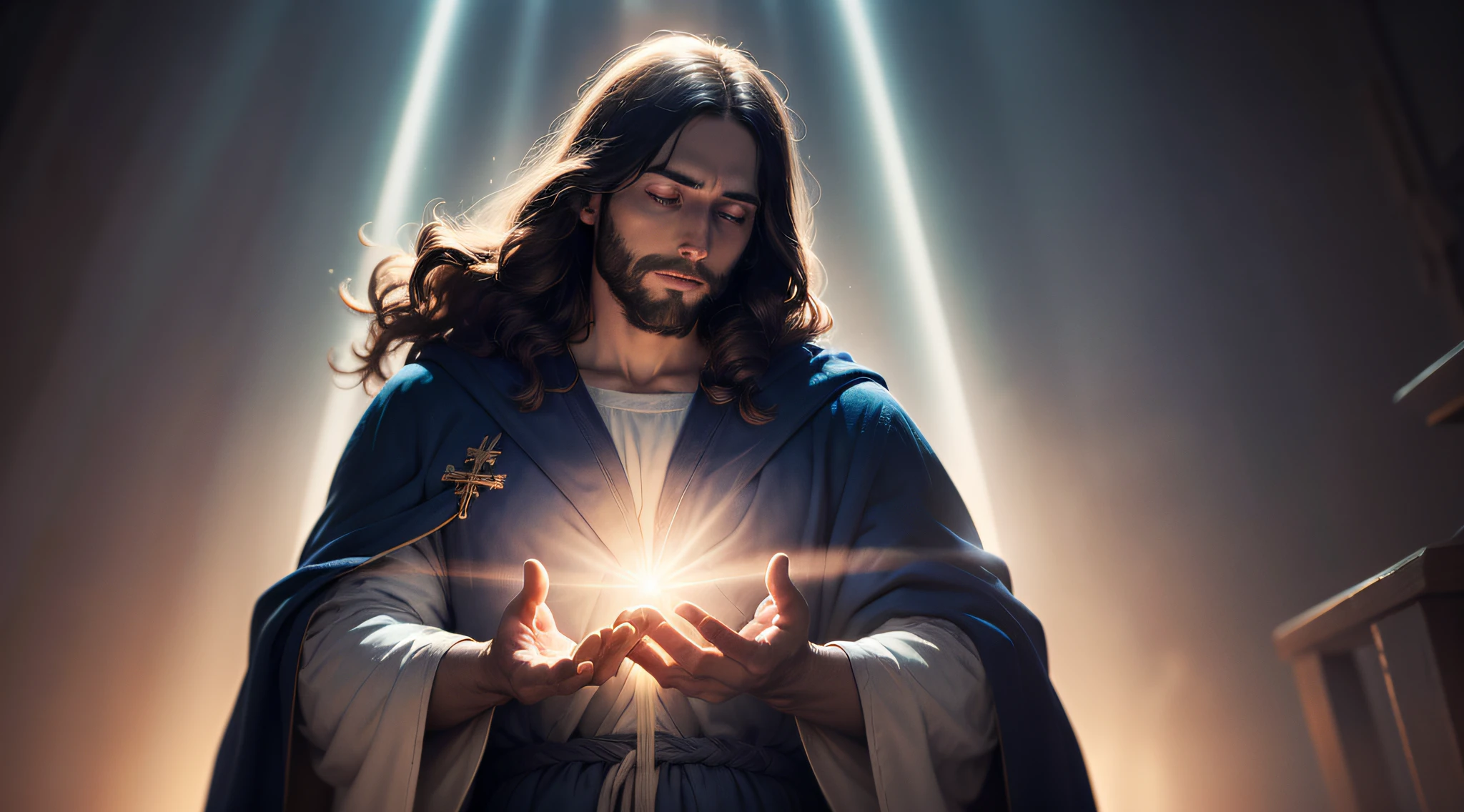 Jesus in a blue robe, with rays of light coming out of his hands, hyper detailed, dark background, 8k, ultra realistic, cinematic --auto