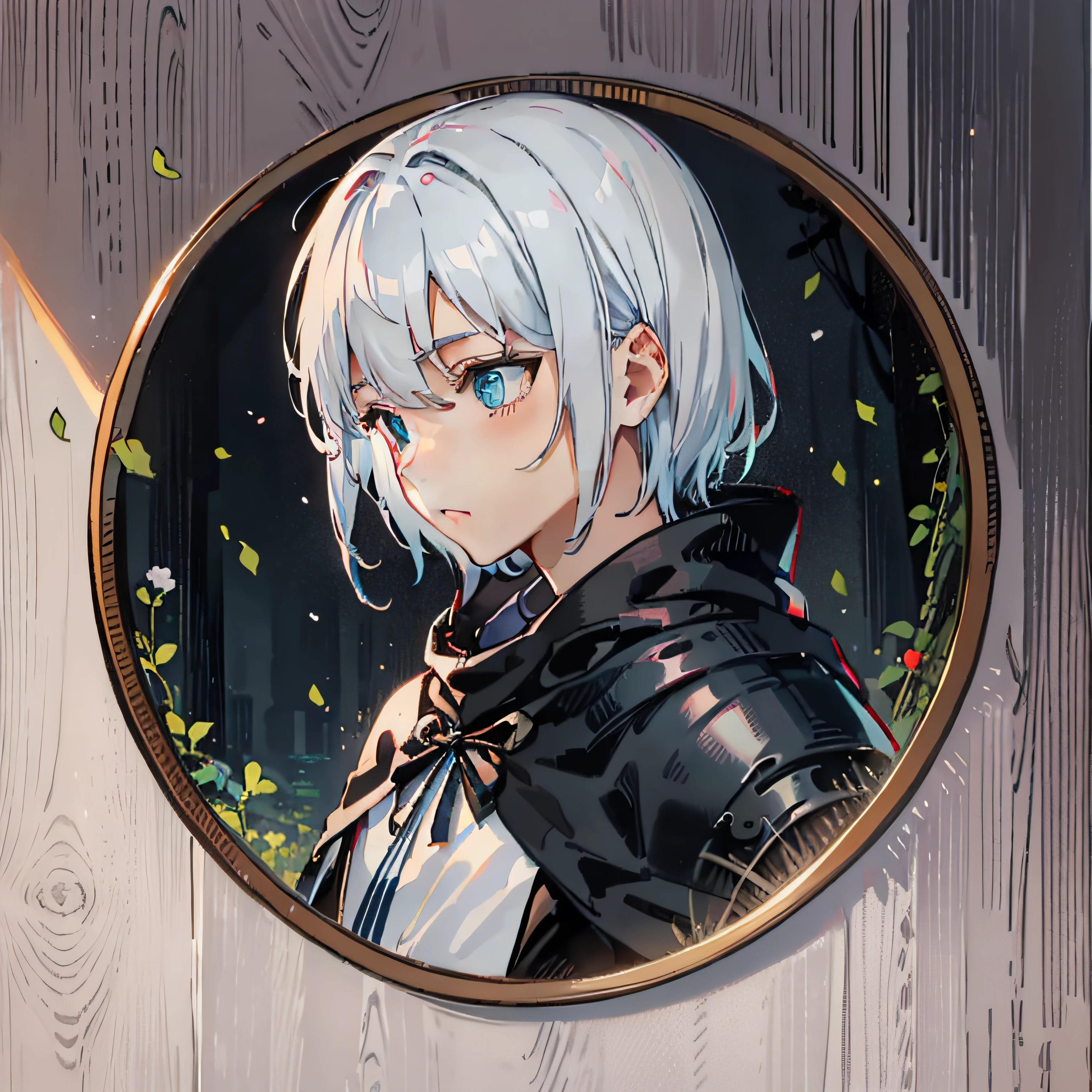 A tall korean man with short white hair and blue eyes, wearing a black cloak with armor