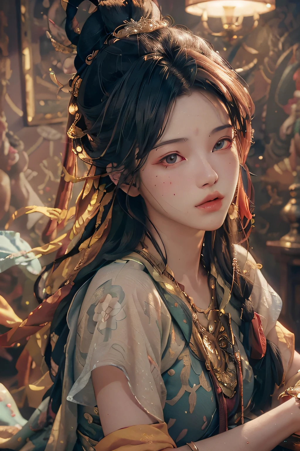 (RAW photo, best quality), (realistic, photo-realistic:1.3),best quality,highly detailed,masterpiece,ultra-detailed,illustration,1girl,upper_body,dynamic angle,world masterpiece theater,messy_long_hair,best quality,extremely detailed CG unity 8k wallpaper,ink,Amazing,cinematic lighting,lens_flare, dunhuang_style