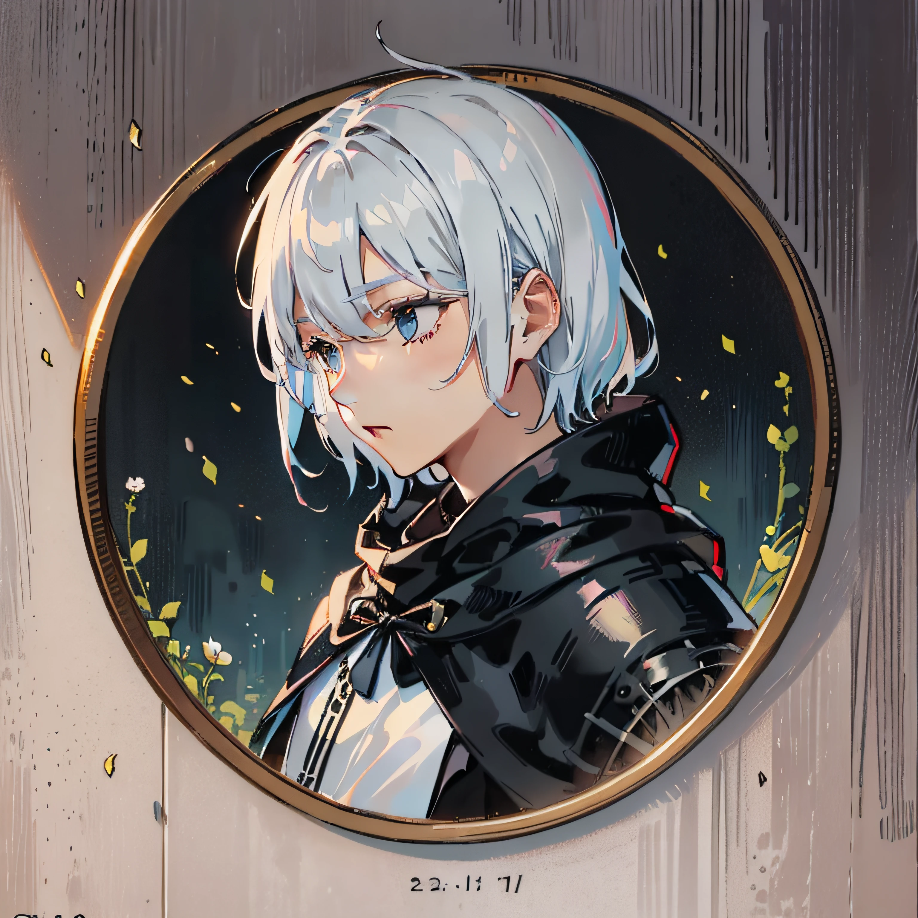 A tall korean man with short white hair and blue eyes, wearing a black cloak with armor