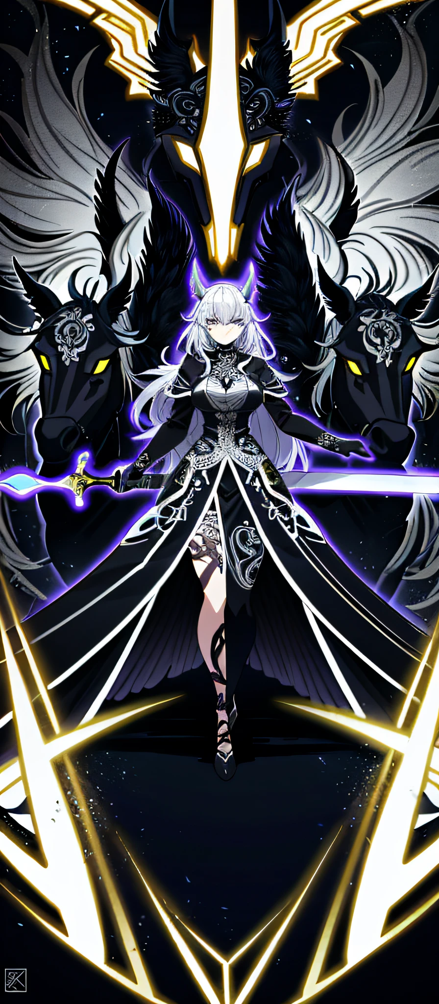 A drawing of a woman with a sword and a horse, intense line art, hyper-detailed line art, heavy line art, intense black line art, perfect line art, bold line art, other intricate detailed line art, sharp line art, thick black line art, black line art, clean anime outline, cell-shaded anime complexes, intricate lineart, ink outlines