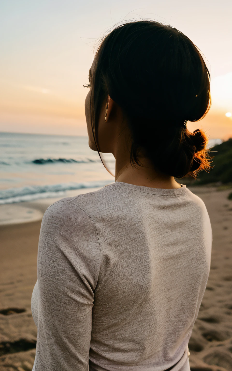 1 woman ((upper body back looks at the horizon)), masterpiece, best quality, ultra-detailed, on the beach, (day), nature, backpack, beach hat, pink shirt small sleeve closed, shadows, contrast, clear sky, style, (warm hue, warm tone: 1.2), close-up, cinematic light, side lighting, ultra high resolution, best shadow, RAW, body face part, serious look, breasts normal, 4k,