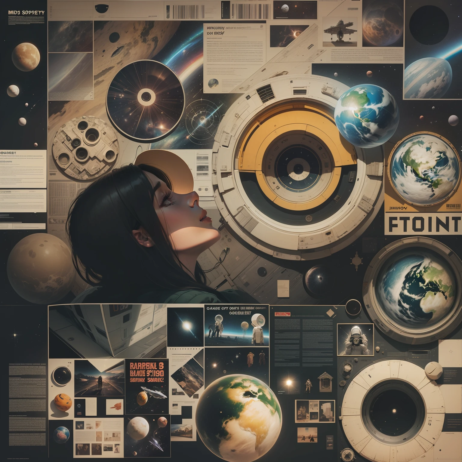 A mid-century modern collage, made of random shapes from fashion and science magazines and text books, of 2001: A Space Odyssey film poster --q 2 --v 5 --ar 3:4 (