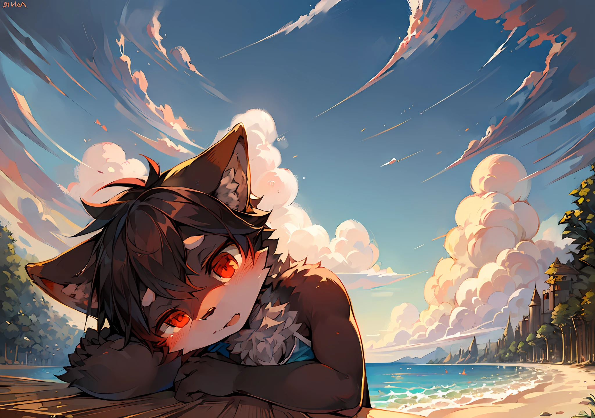 (Light Environment: 0.7), Masterpiece, High Quality, Abstract Res, Digital Painting\(artwork\), by Dagasi, Yupa, Kiyosan, (Anthro, Fluffy Fur, Character Focus: 1.1), Anthro Male Cat, Portrait, Bright Eyes, Panorama, Character focus. (Detailed background: 0.7), Solo, Furry, Furry male, Petite, male focus, anthr, (full body fur, fluffy tail, black fur,, red eyes: 1.2), (canine, black shiba inu, swimming trunks: 1.2), (outside, noon, seaside, beach, water: 1.1)