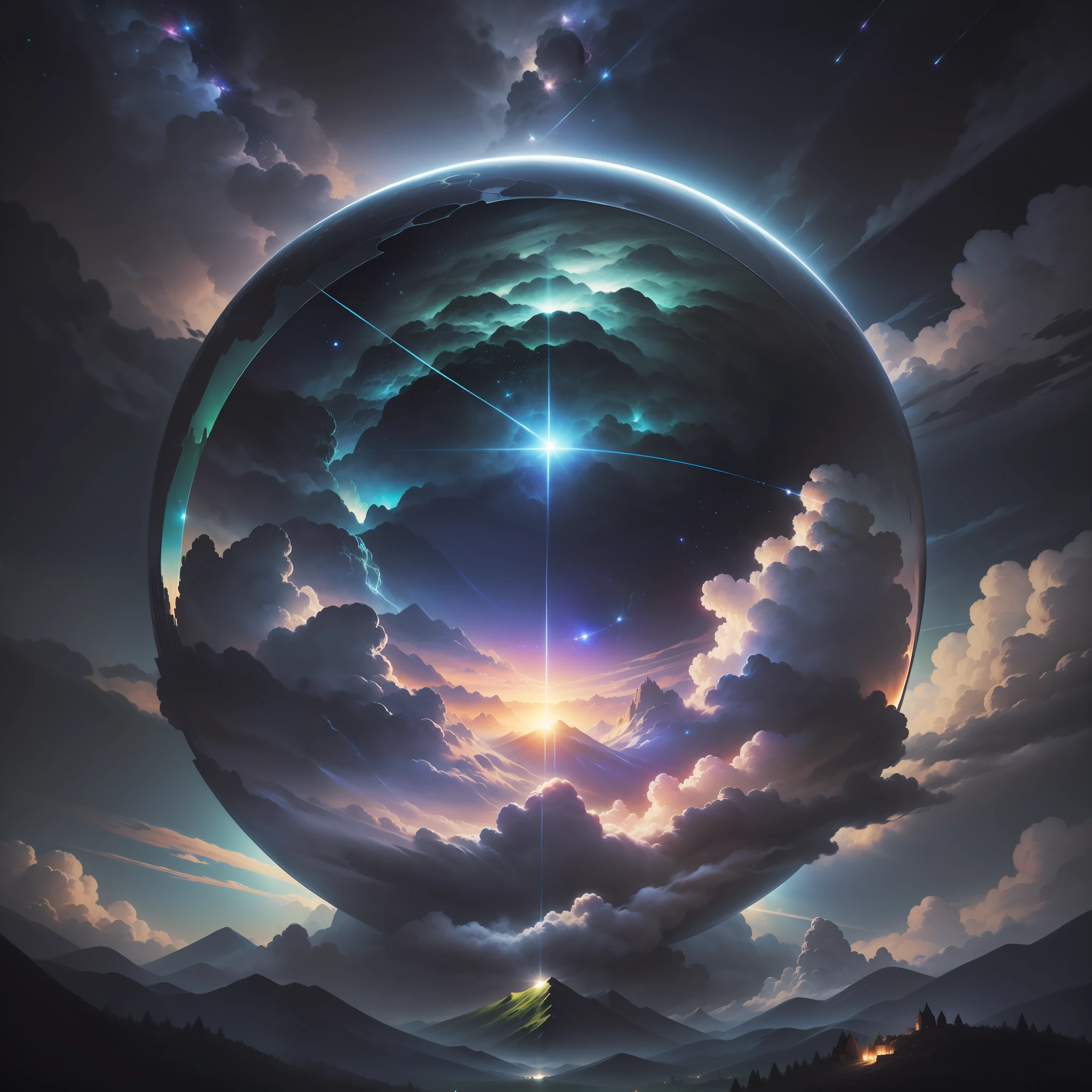 A giant mirror sphere floating in space, flickering lights, (green fields like the sky surrounded by high mountains and clouds: 1.3), particles in the air, divine rays, stars in the background, complex fractals, detailed, (illustration), masterpiece, high resolution, better quality.