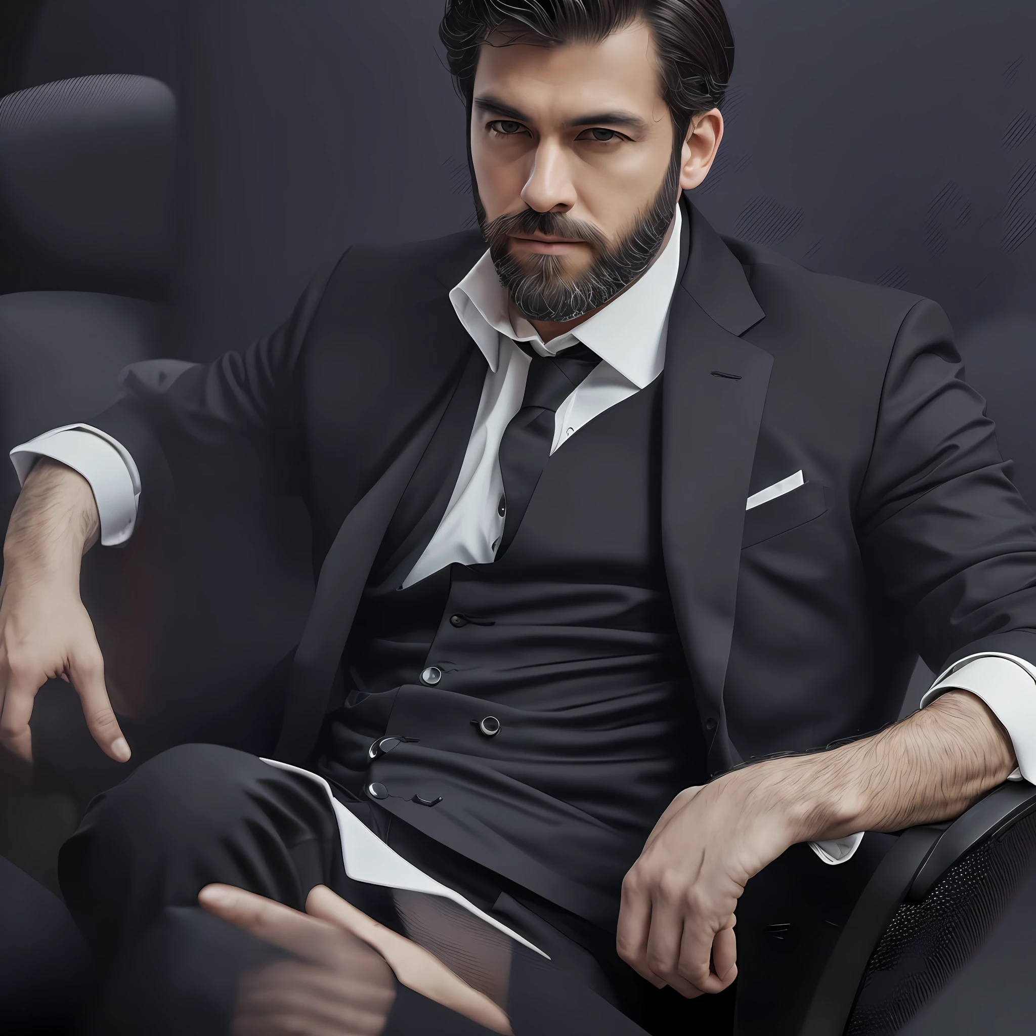 ((half body)) Photo RAW Ceo Man sitting in an office chair, wearing black suit, (Using Dark Beard) movie scene, (Impeccable) ,Serious and elegant man, , with thick male eyebrows, (with mysterious and serious face,) short dark hair, dark black background image, elegant, ( high quality and realistic image), ((Best Quality, 8k, Masterpiece) --auto --s2