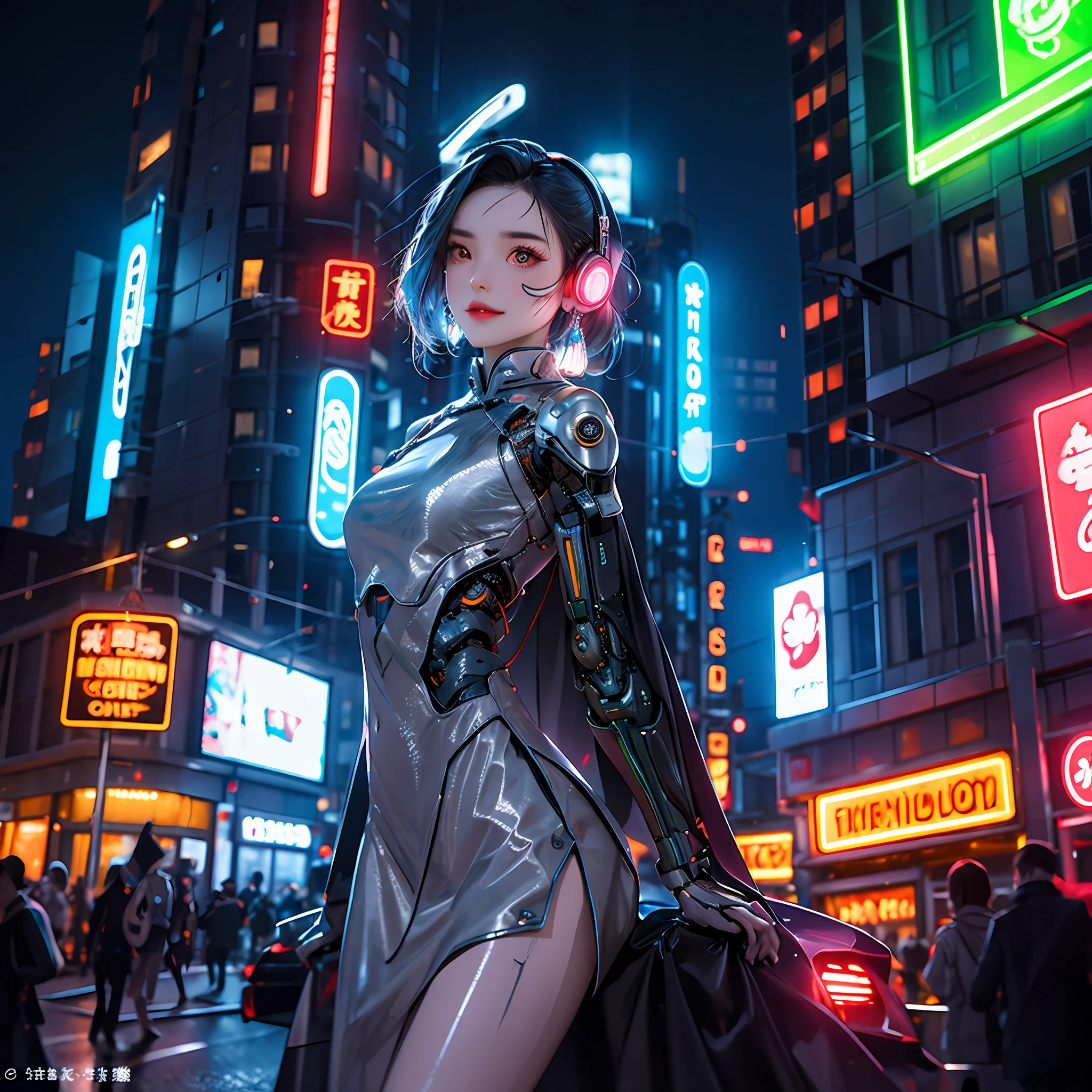 Best quality, high quality, cyberpunk, city, cityscape, moon in background, big moon in the back, moon, 1 girl, Chinese_clothes, liquid silver metallic and rainbow, cyberhan, cheongsam, cyberpunk city, dynamic pose, detailed luminous headphones, luminous hair accessories, long hair, glowing earrings, glowing necklace, cyberpunk, high-tech city, full of mechanical and futuristic elements, futurism, technology, glowing neon signs, rainbow colors, rainbow color light, sexy skirt, Translucent black cape, laser light, digital background city sky, big moon, with vehicle, best quality, masterpiece, 8K, character edge light, super high detail, high quality, the most beautiful woman in human beings, smile, face facing forward, ear corner decoration, long antenna glow, beautiful pupils, light special effects, visual data, silver rainbow hair dye, ultra-detailed facial texture, happy and proud, weapon system, crowded street passers-by, mecha style, overhead luminous antenna, deep eyes, details of the whole city, candy color neon color matching, Rainbow lights, only one character, the picture has only one protagonist, the girl sitting