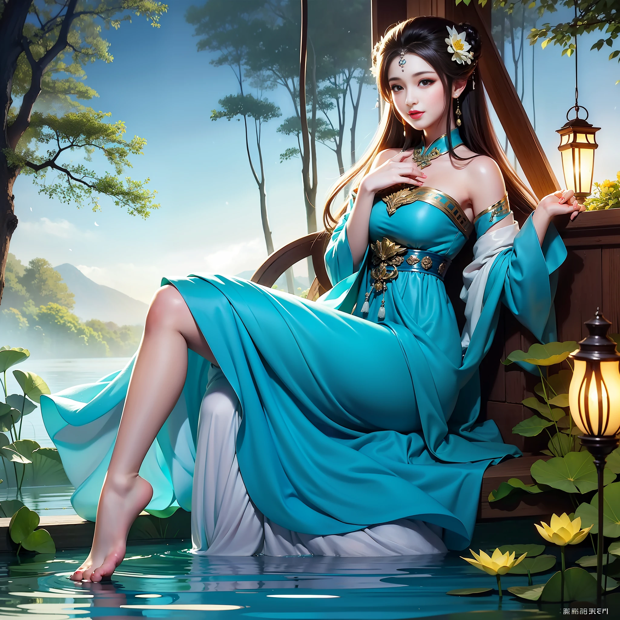 Sitting by a lake full of lotus flowers, feet playing in the water, the art depicts a charming woman with a melon face, dressed in a flowing, silky traditional oriental dress, long, aqua blue, decorated with intricate patterns and bright colors. Her dress drapes elegantly over her curvy figure, accentuating her seductive silhouette. She sits gracefully by the tranquil lotus lake, her feet playing in the water, bathed in the soft glow of the moonlight. The scene exudes an ethereal and dreamy atmosphere, with a touch of mystery and sexiness. The graphic style blends watercolor and digital illustration techniques to evoke a refined beauty and charm. The lights are filled with soft moonlight, casting soft highlights and shadows on her charming features. Bare thighs, big breasts, three-dimensional facial features, sitting, upturned legs, side braids