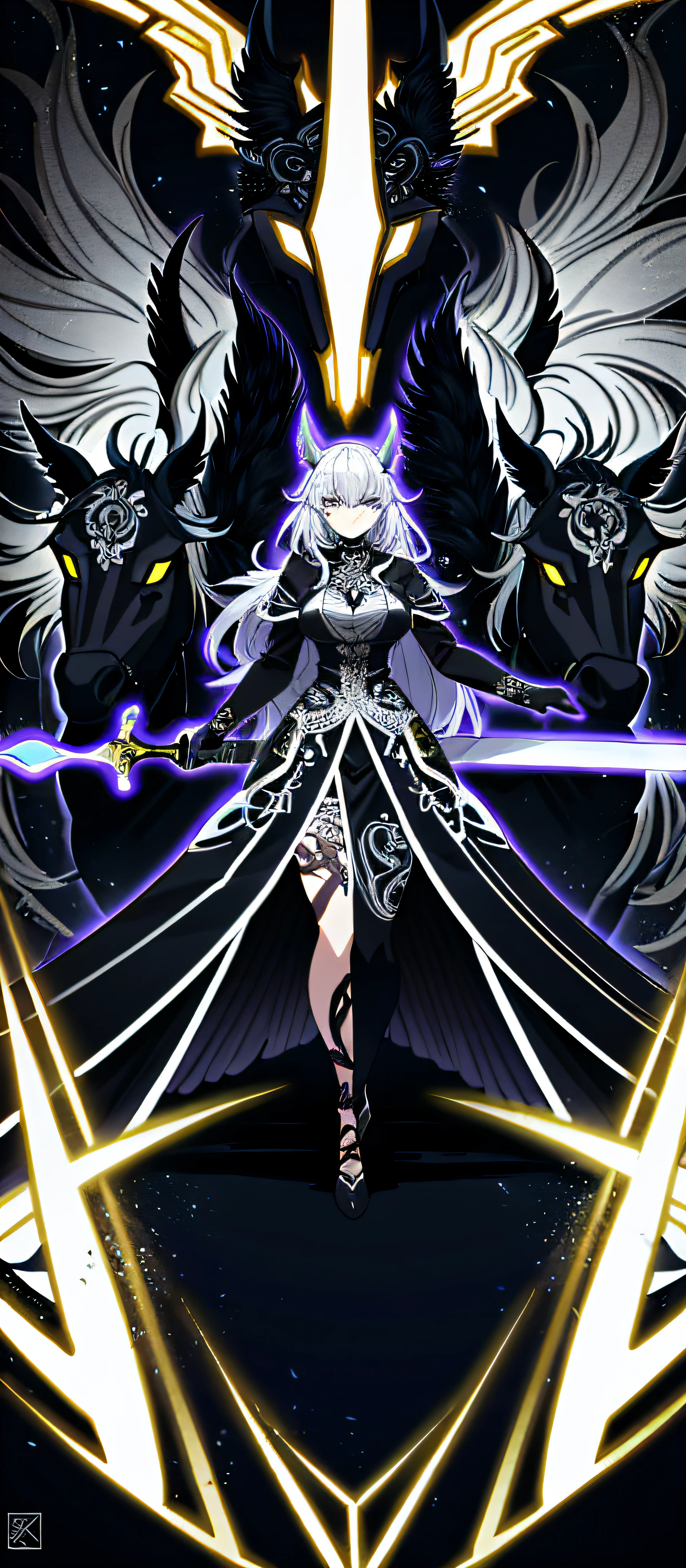 A drawing of a woman with a sword and a horse, intense line art, hyper-detailed line art, heavy line art, intense black line art, perfect line art, bold line art, other intricate detailed line art, sharp line art, thick black line art, black line art, clean anime outline, cell-shaded anime complexes, intricate lineart, ink outlines