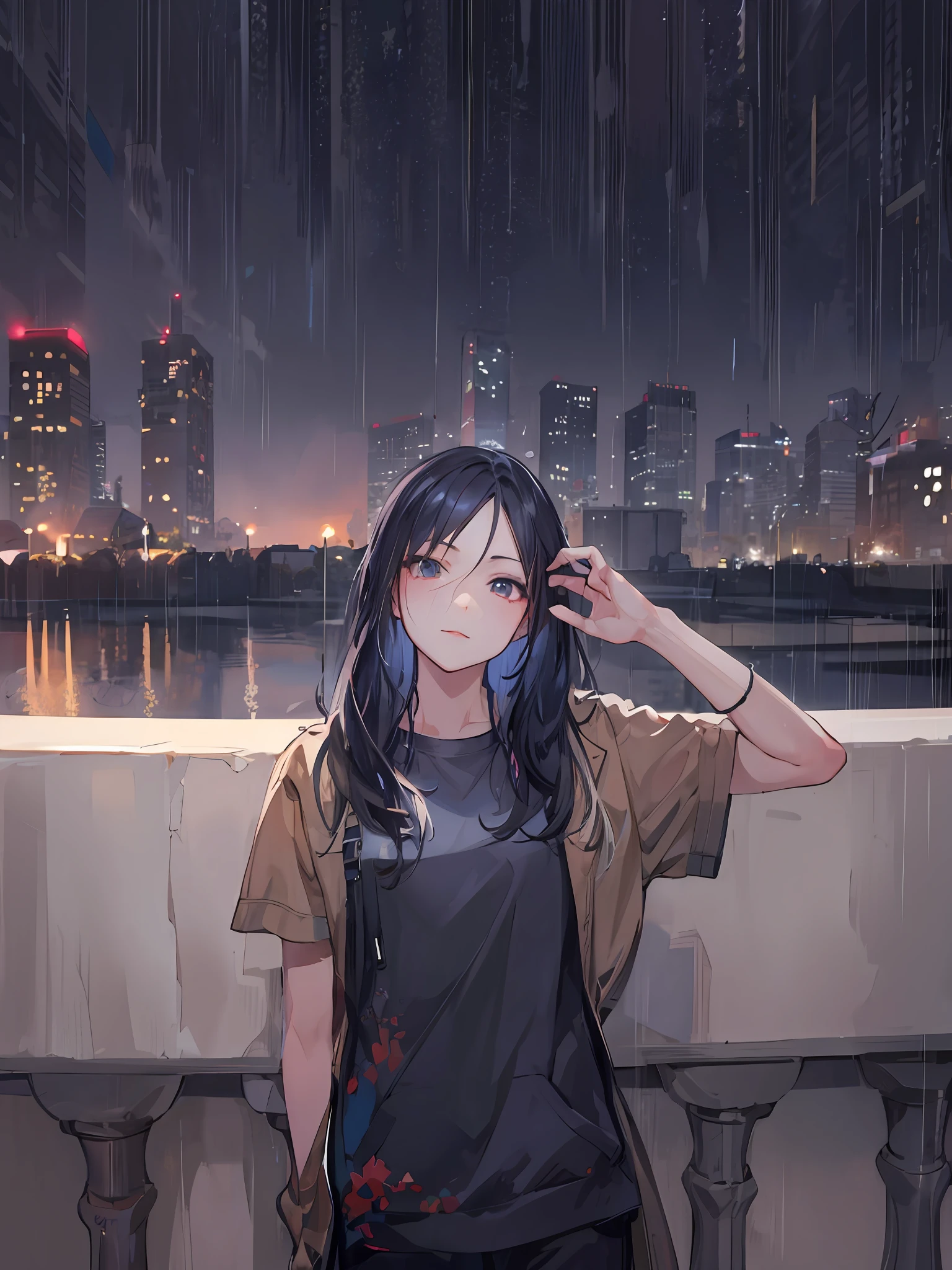 1 girl, city at night, rainy day, coat, hands in pockets, anime.