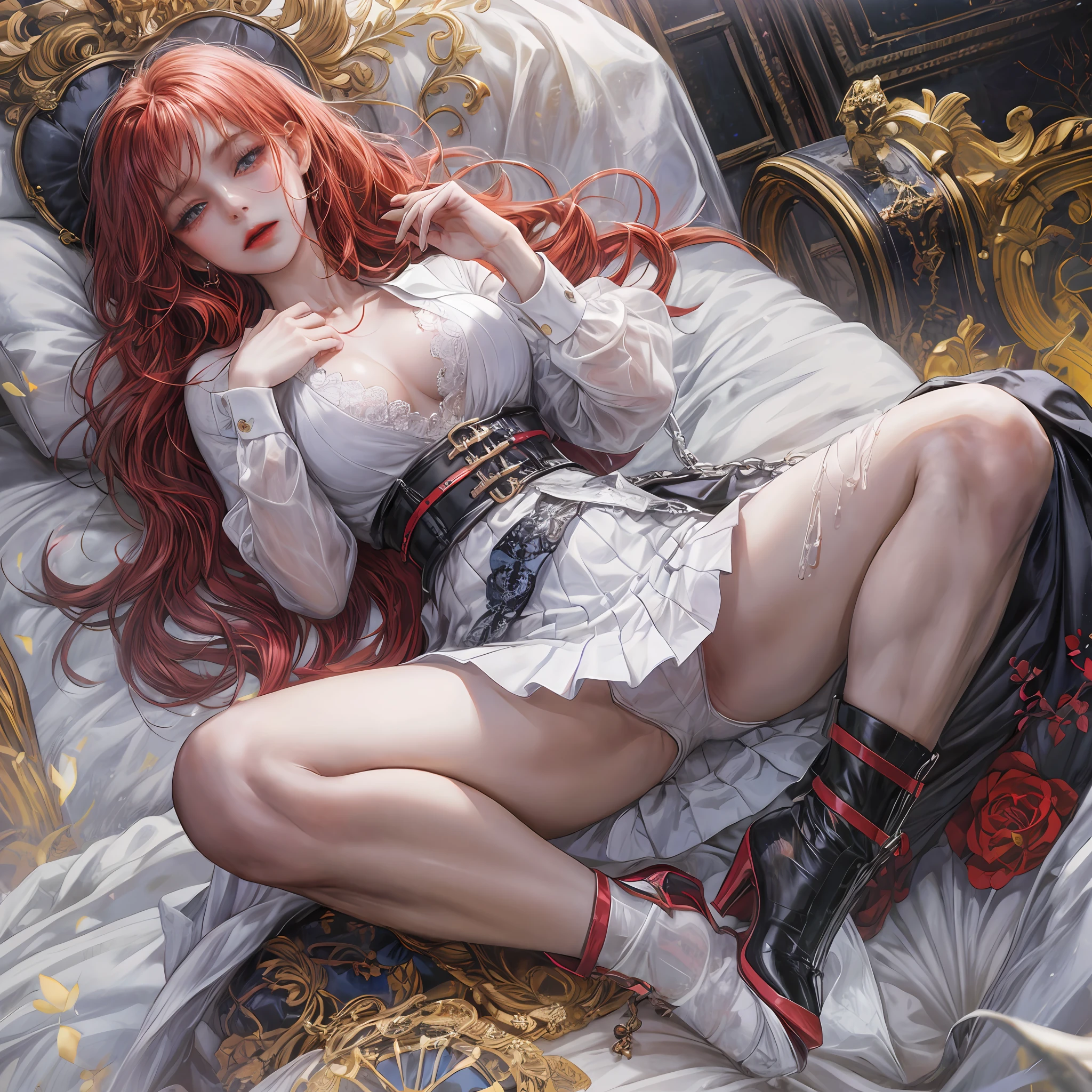 Royal sister, high cold, white shirt, JK miniskirt, red high heels, after being violated by men, her clothes were torn, her limbs were weakly paralyzed on the bed, and her body and face were full of thick white liquid