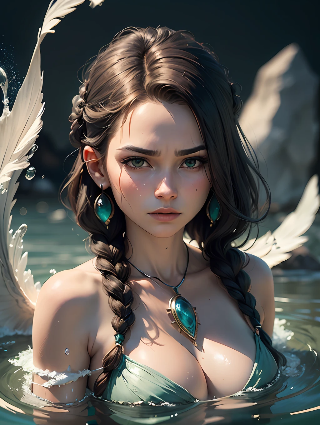 (full portrait), (mid-plane), solo, detailed background, detailed face, (stonepunkAI, stone theme: 1.1), Dragon, (female), (mythological), (beautiful hair, braids: 0.2), warrior, piercing septum, mystic, (gorgeous face), stunning, head tilted upwards, (threatening look, serene expression), calm, meditating, Seafoam Green shredded clothes, prayer beads, tribal jewelry, feathers in hair, headdress:0.33, jade, obsidian,  Detailed clothing, neckline, realistic skin texture, (floating particles, water swirl, embers, ritual, whirlpool, wind: 1.2), sharp focus, volumetric lighting, good highlights, good shading, subsurface dispersion, intricate, highly detailed, ((cinematic), dramatic, (high quality, award-winning, masterpiece: 1.5), (photorealistic: 1.5), (intricate symmetrical war painting: 0.5). --auto