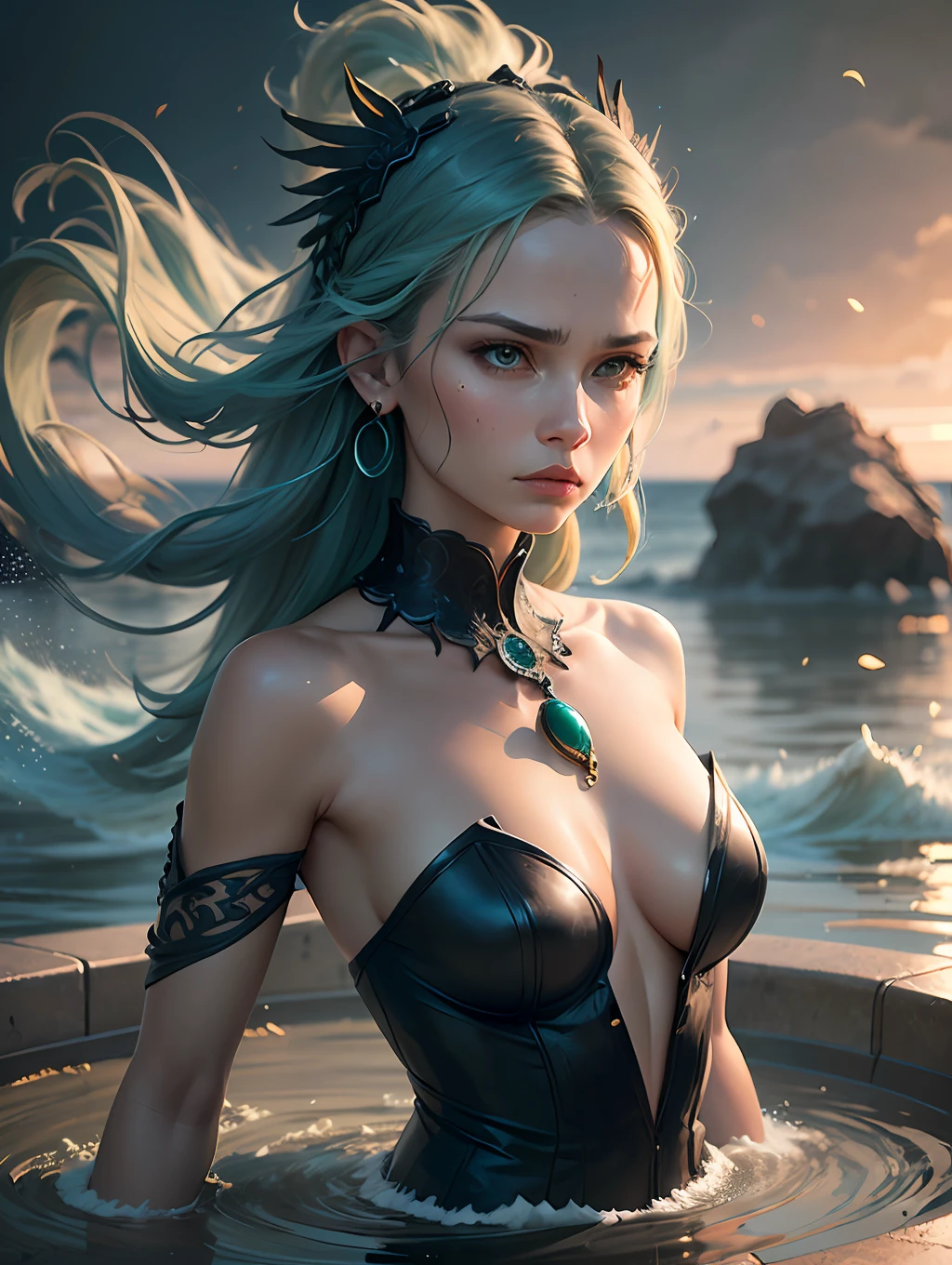 (full portrait), (mid-plane), solo, detailed background, detailed face, (stonepunkAI, stone theme: 1.1), Dragon, (female), (mythological), (beautiful hair, braids: 0.2), warrior, piercing septum, mystic, (gorgeous face), stunning, head tilted upwards, (threatening look, serene expression), calm, meditating, Seafoam Green shredded clothes, prayer beads, tribal jewelry, feathers in hair, headdress:0.33, jade, obsidian, Detailed clothing, neckline, realistic skin texture, (floating particles, water swirl, embers, ritual, whirlpool, wind: 1.2), sharp focus, volumetric lighting, good highlights, good shading, subsurface dispersion, intricate, highly detailed, ((cinematic), dramatic, (high quality, award-winning, masterpiece: 1.5), (photorealistic: 1.5), (intricate symmetrical war painting: 0.5). --auto