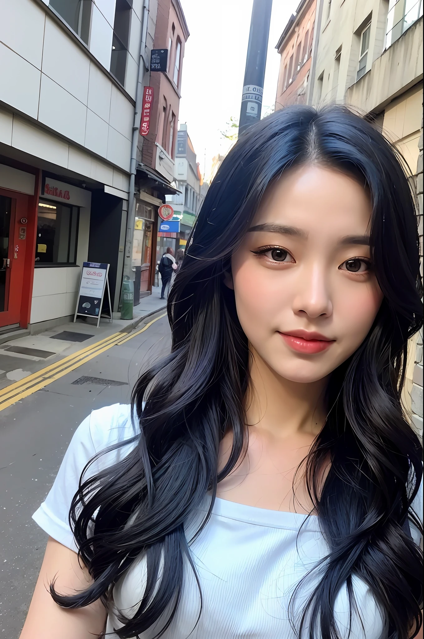((Top Quality, 8k, Masterpiece: 1.3)), 1 Girl, Smile, Slim Face, Pretty Woman, (Blue Hair), Full-Length Dress: 1.1, Ultra Detailed Face, Detailed Eyes, Double Eyelids, Blurred Background, Slim Face, City, Outside, Street, Korean Women, Curly Hair, Layer Cut, Long Hair