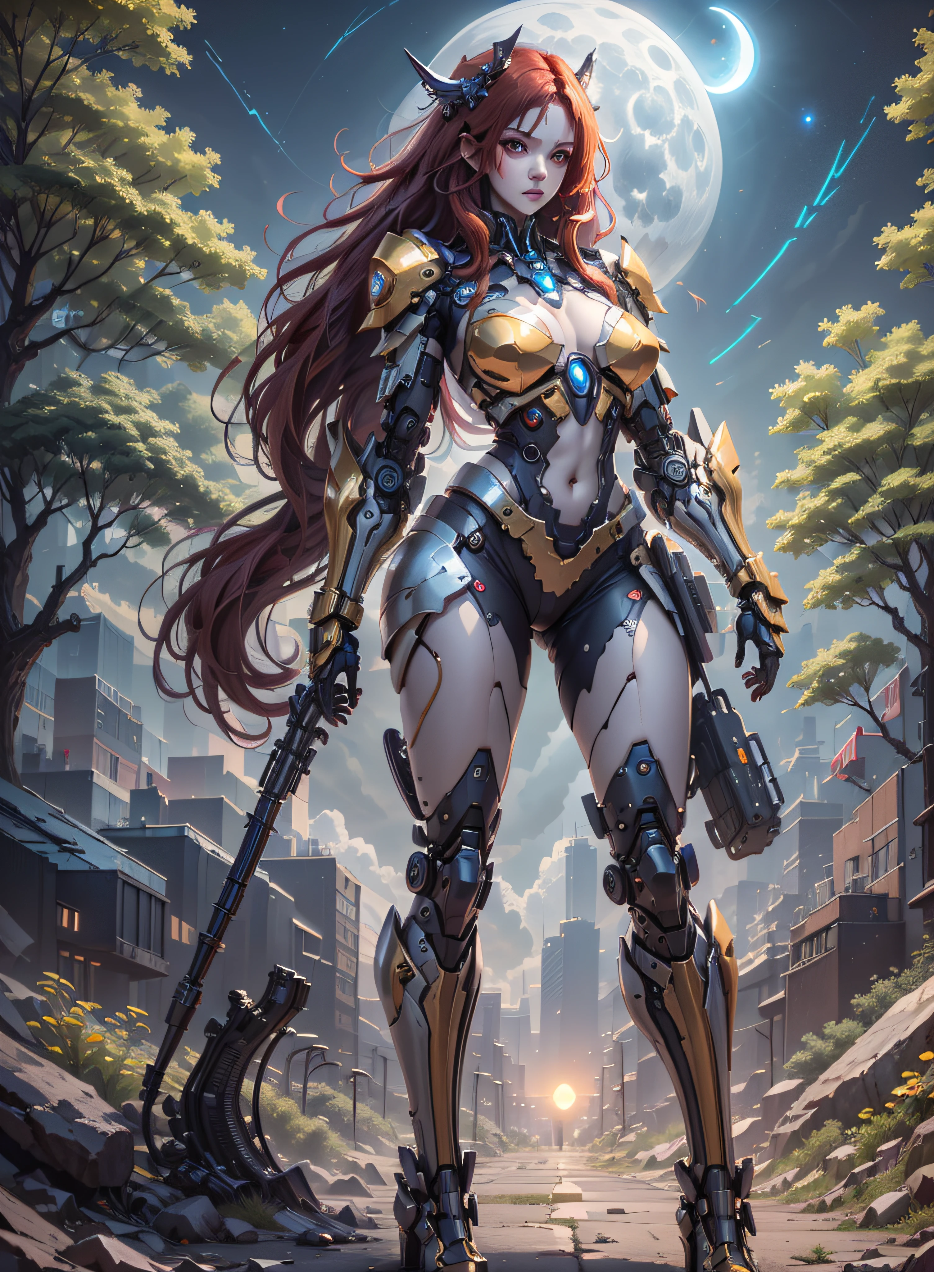 High definition (8k), Beautiful woman detailed defined body, red hair, full body sexy pose wearing cosplay conan the barbarian, medium breasts, blue uniform, metallic red, white, golden yellow high-tech, cyberpunk, futuristic, scenery with night sky with clouds, moon, giant trees,