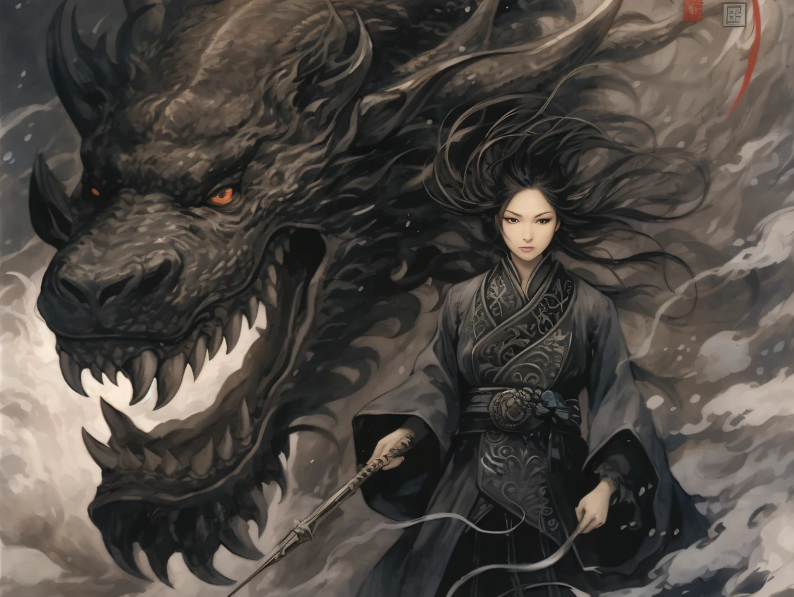 a woman is holding a knife and an asian dragon as it rains, in the style of black paintings, anime art, gongbi, exaggerated nobility, dark gray,ink and wash, detailed facial features, made of mist,masterpiece,Thick clouds and mist swirled around,