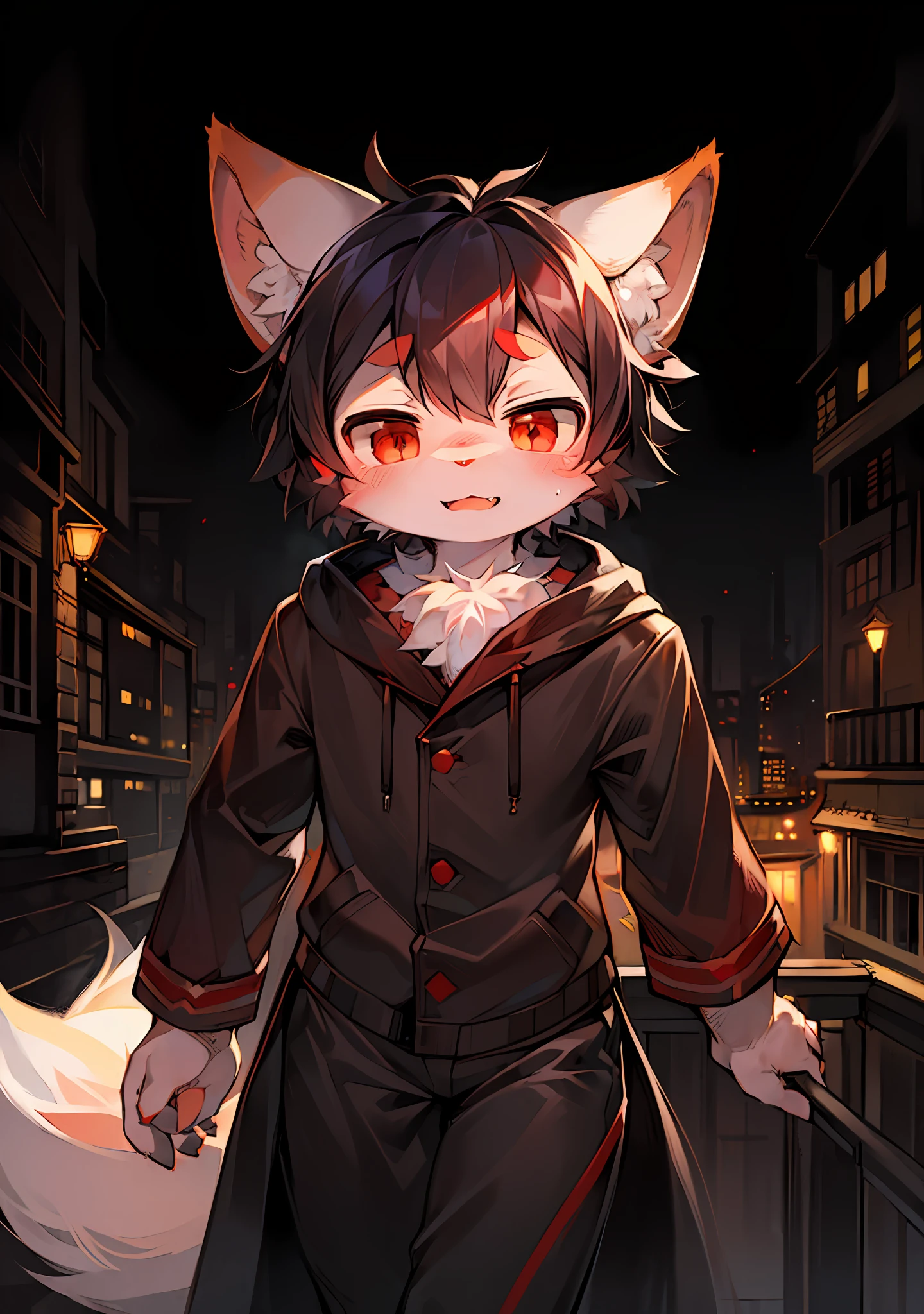 (Dark Environment: 0.8), Masterpiece, High Quality, Abstract Res, Digital Painting\(artwork\), by Dagasi, Yupa, Kiyosan, (Anthro, Fluffy Fur, Character Focus: 1.1), Anthro Male Cat, Short Hair, Portrait , bright eyes, panorama, character focus. (Background: 0.7), Solo, Furry, Hairy Male, Male Focus, Antr, (Full Body Fur, Fluffy Tail, White Fur, Red Eyes, Black Hair: 1.2), (Long Canids)