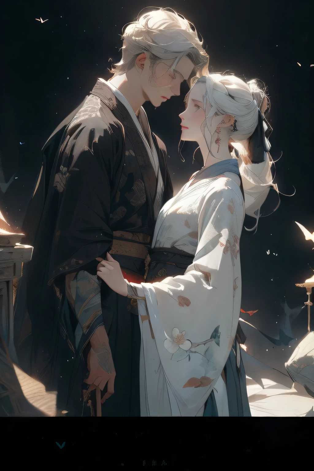 Realistic, (masterpiece, top quality, best quality, official art), very detailed, colorful, most detailed, gods, (two, 1 man, 1 woman), long hair, ponytail, white-haired man, handsome man, white hanfu, long sword, pectoral, abs, black robe, brunette woman, black long hair, sexy woman, movie lighting, dynamic perspective, magic, white glowing skin,