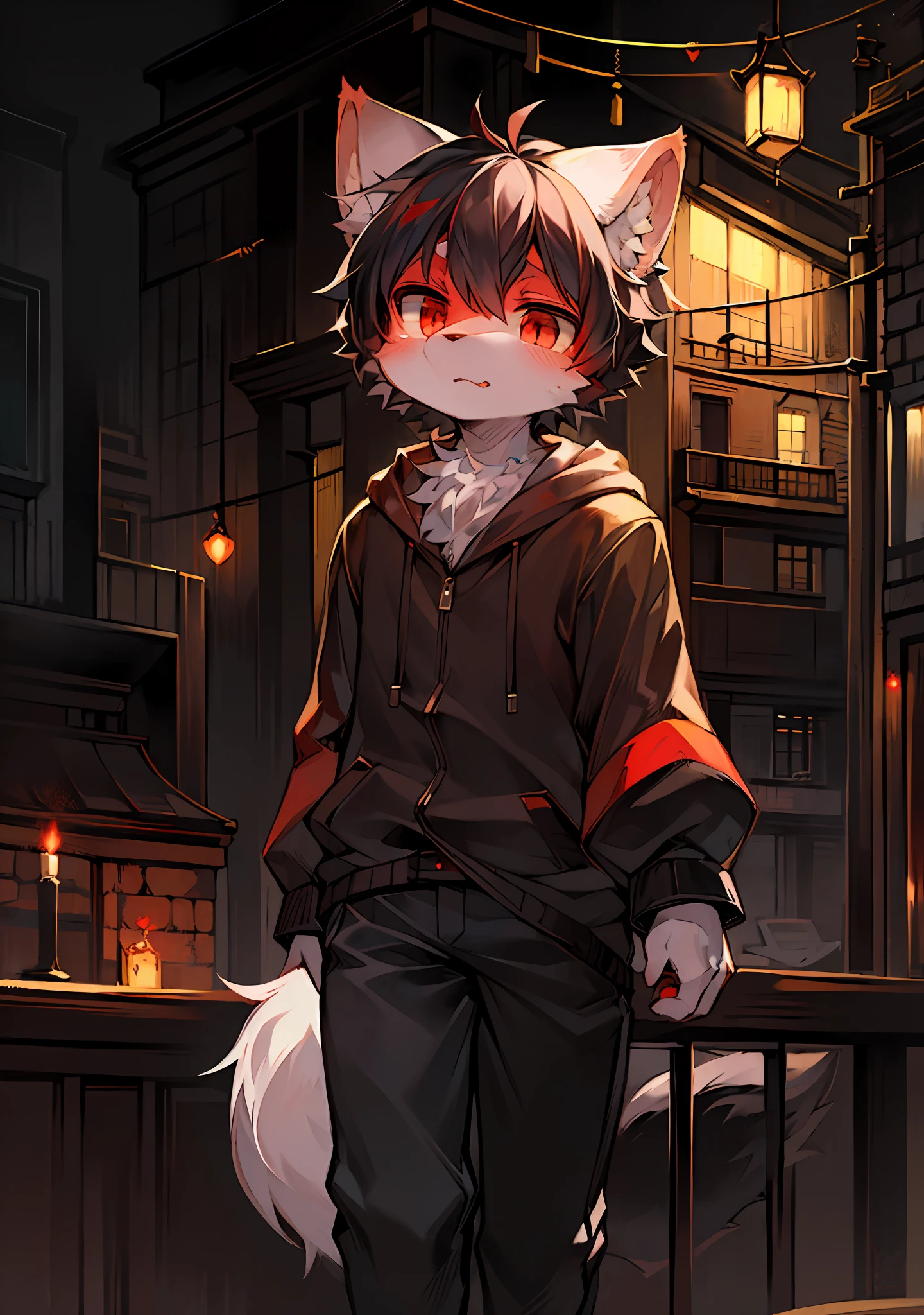 (Dark Environment: 0.8), Masterpiece, High Quality, Abstract Res, Digital Painting\(artwork\), by Dagasi, Yupa, Kiyosan, (Anthro, Fluffy Fur, Character Focus: 1.1), Anthro Male Cat, Short Hair, Portrait , bright eyes, panorama, character focus. (Background: 0.7), Solo, Furry, Hairy Male, Male Focus, Antr, (Full Body Fur, Fluffy Tail, White Fur, Red Eyes, Black Hair: 1.2), (Long Canids)