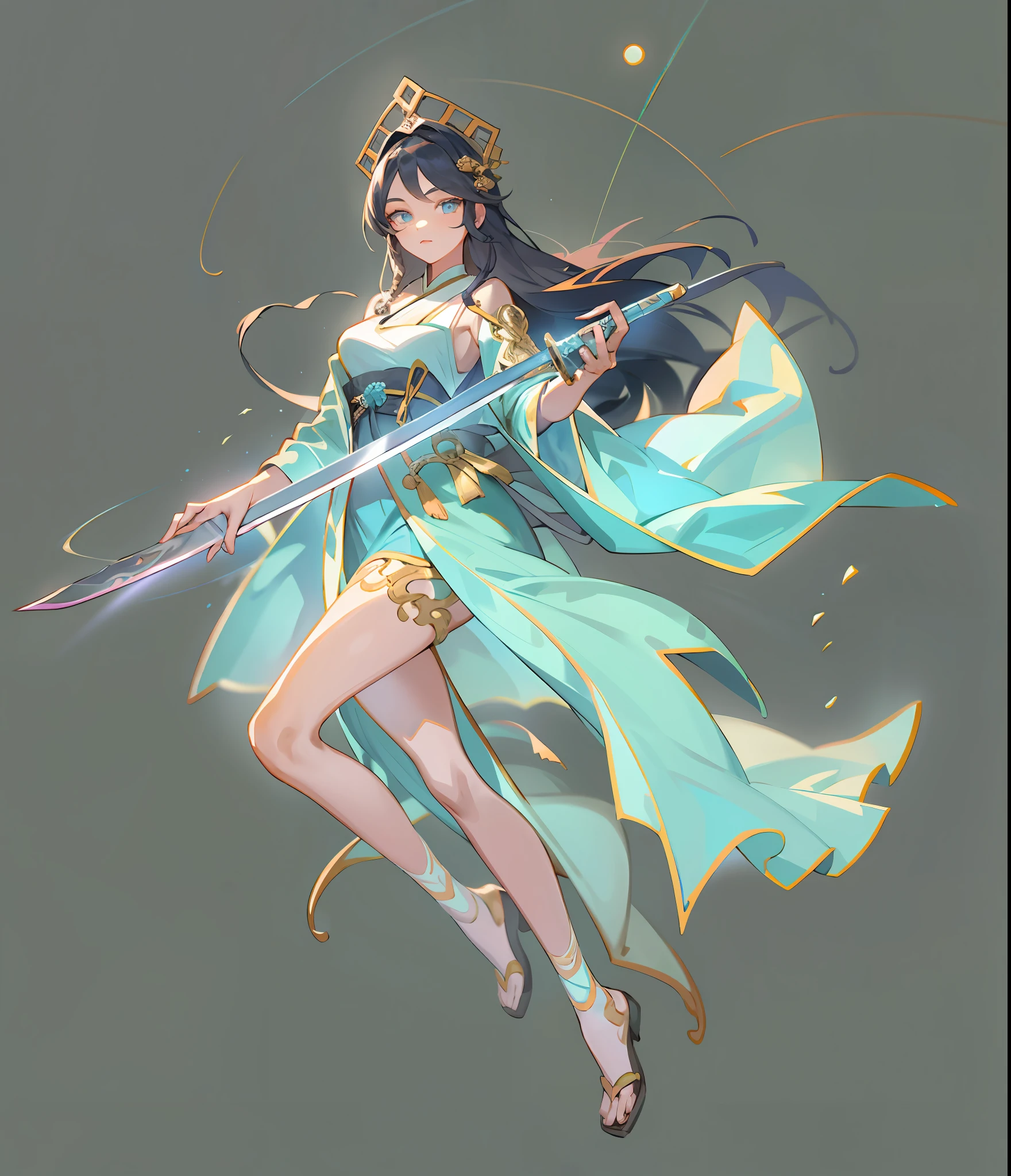 1 girl, (full body), best quality antique, (normal fingers), (delicate facial features), standing, looking at the audience, close-up of a person wearing a sword suit, cotton cloud mage robe, flowing hair and robe, cloud mage robe, moon-themed costume, gorgeous flowing robe, beautiful celestial mage, Xiu immortal, black hair, chinoiserie, game painting, game character, eyes looking at the camera, delicate eyes, holding a sword in left hand, the best quality, (antique headdress: 1.4), blue dress woman holding a sword,