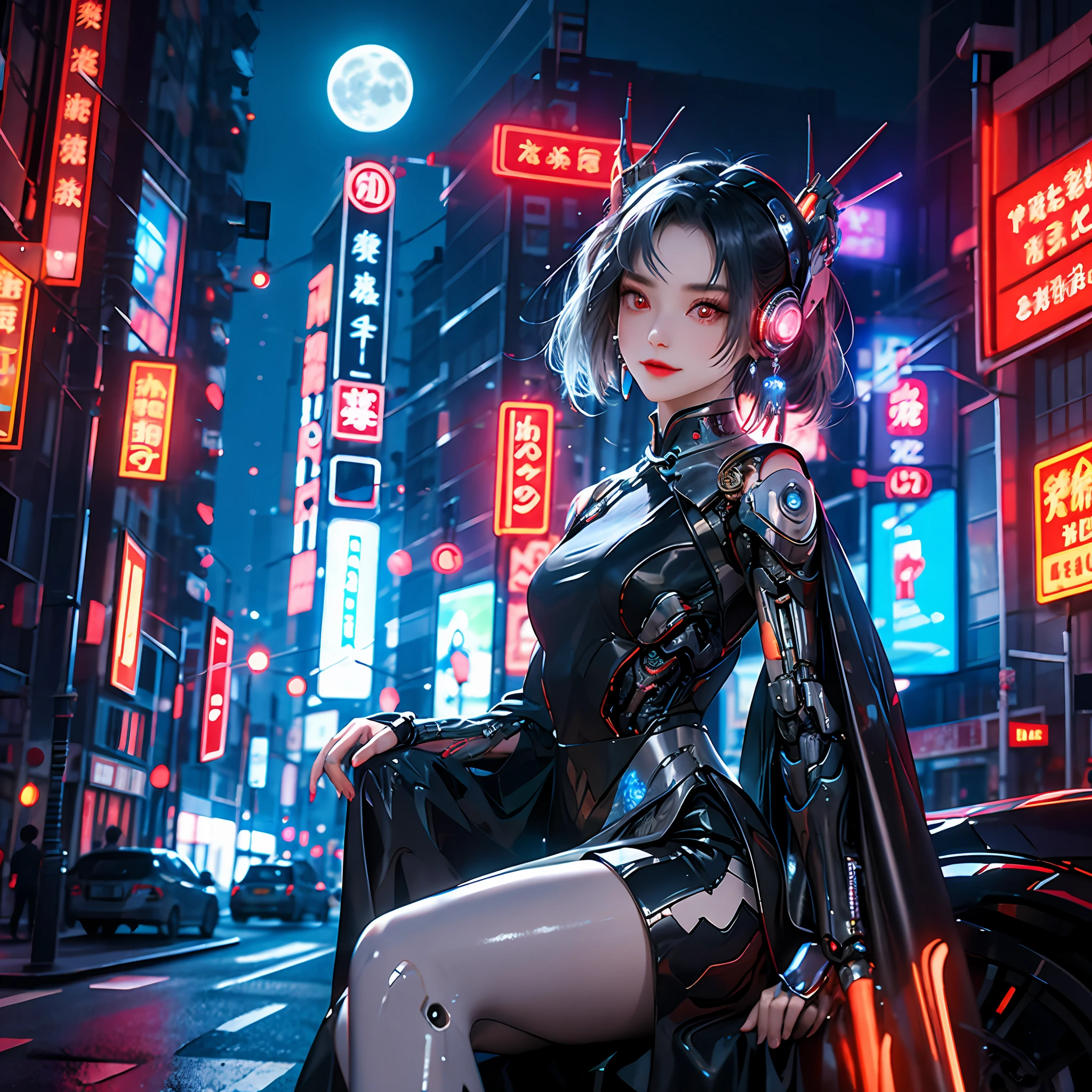 Best quality, high quality, cyberpunk, city, cityscape, moon in background, big moon in the back, moon, 1 girl, Chinese_clothes, liquid silver metallic and rainbow, cyberhan, cheongsam, cyberpunk city, dynamic pose, detailed luminous headphones, luminous hair accessories, long hair, glowing earrings, glowing necklace, cyberpunk, high-tech city, full of mechanical and futuristic elements, futurism, technology, glowing neon signs, rainbow colors, rainbow color light, sexy skirt, Translucent black cape, laser light, digital background city sky, big moon, with vehicle, best quality, masterpiece, 8K, character edge light, super high detail, high quality, the most beautiful woman in human beings, smile, face facing forward, ear corner decoration, long antenna glow, beautiful pupils, light special effects, visual data, silver rainbow hair dye, ultra-detailed facial texture, happy and proud, weapon system, crowded street passers-by, mecha style, overhead luminous antenna, deep eyes, details of the whole city, candy color neon color matching, Rainbow lights, only one character, only one protagonist in the picture, girl sitting, 6 avatar shots