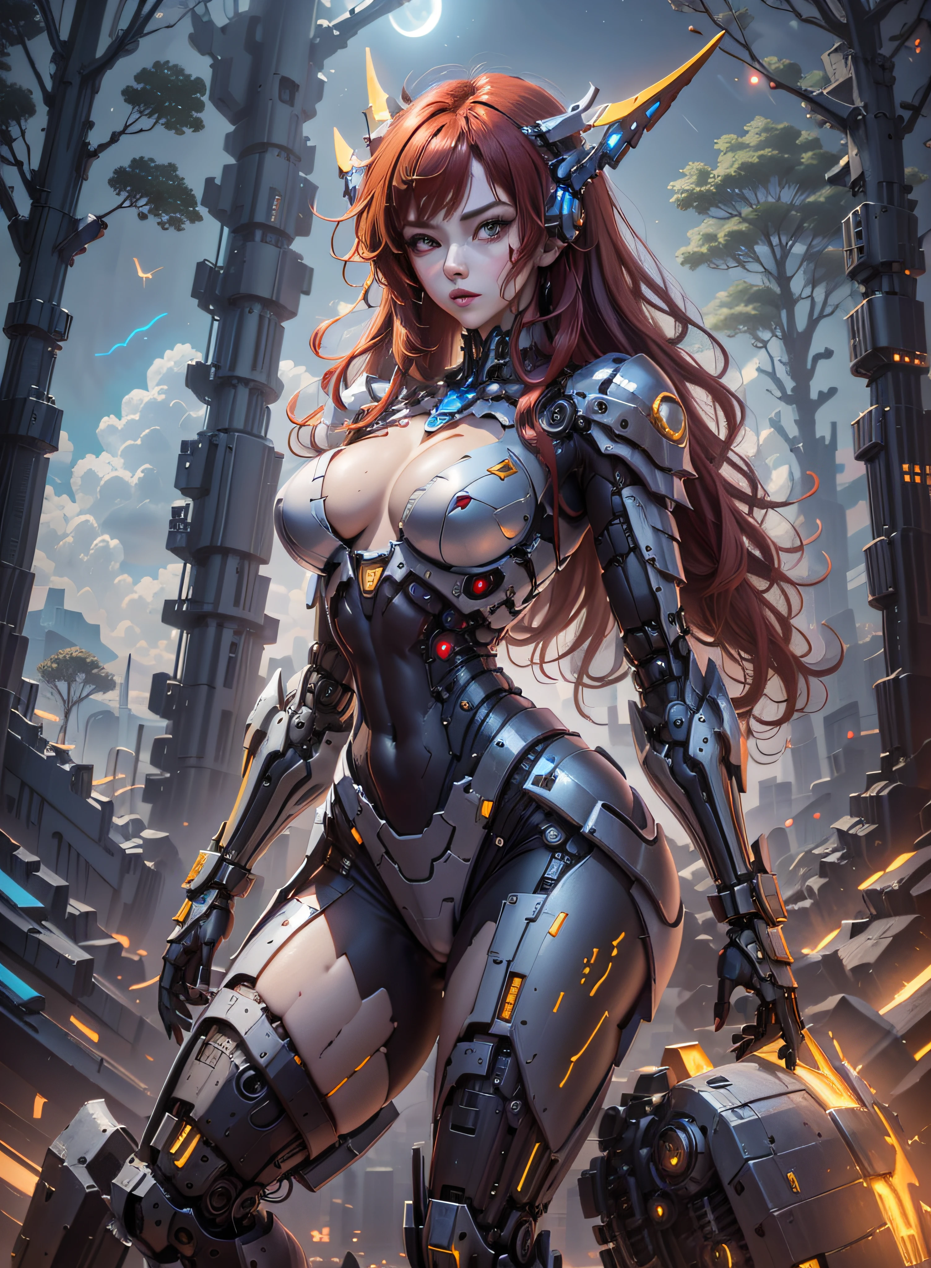 High definition (8k), Beautiful woman detailed defined body, red hair, full body sexy pose wearing cosplay conan the barbarian, medium breasts, blue uniform, metallic red, white, golden yellow high-tech, cyberpunk, futuristic, scenery with night sky with clouds, moon, giant trees,