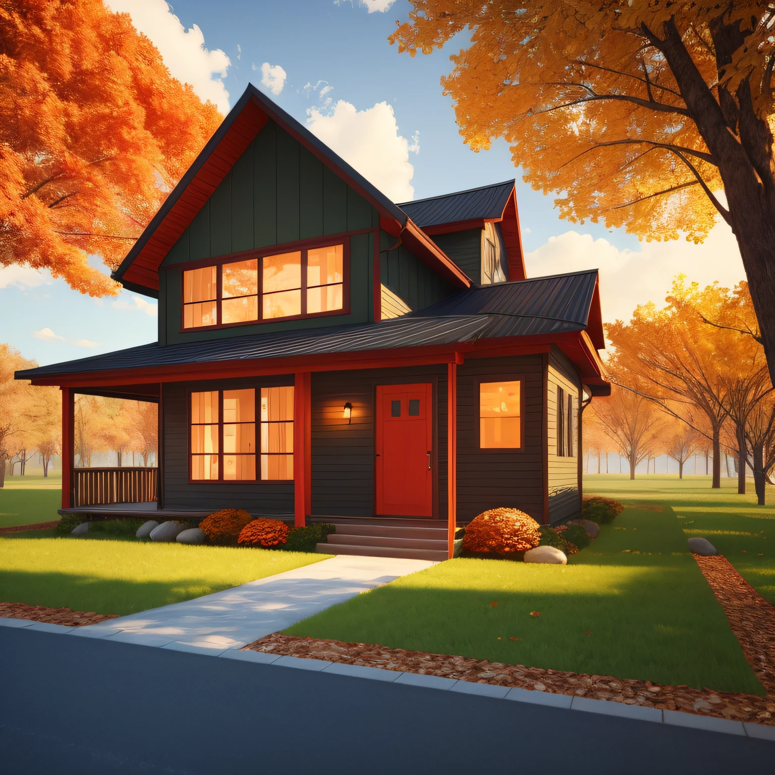 Cute green cozy Eco House with bushes, tall trees, white clouds. Sweet home. Stay Home. Modern house with red windows, orange door. Concept art Autumn mood in fall season. 3d render in