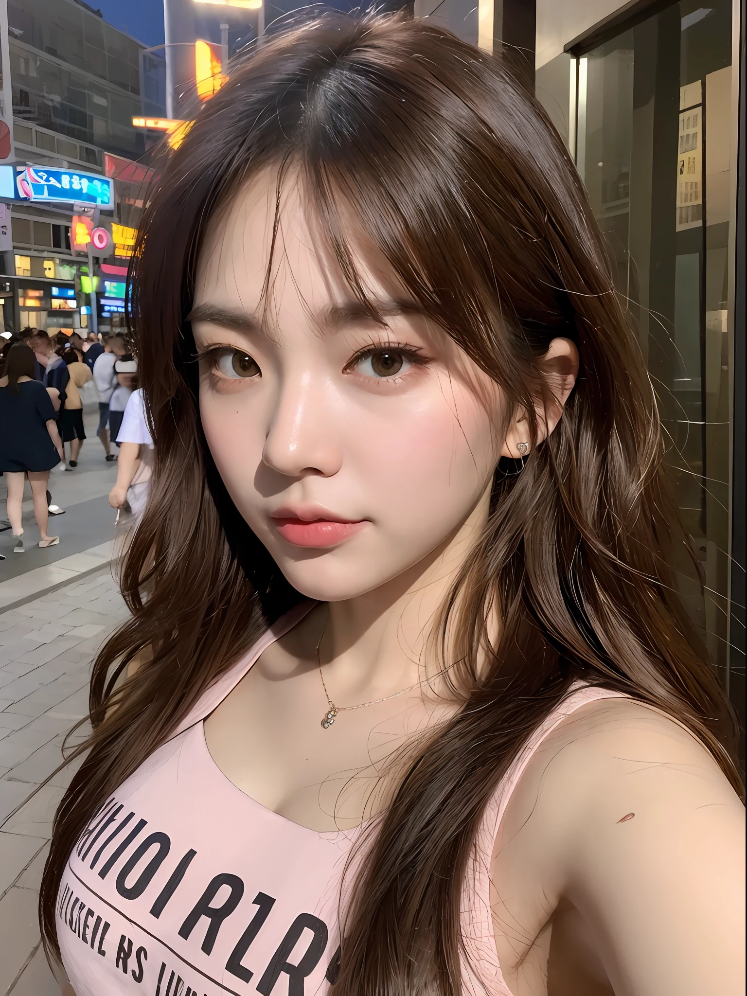 ((, Excellent, 8k, Masterpiece: 1.3)), Selfie, 1 female, upper body, Confidence, (Selfie: 1.5), Walking street, Night view, Pink T-shirt, focal length: 1.2, Slim abs: 1.1, ((dark brown hair)), (Standing: 1.2), (Hotel bedroom: 1.3)), Highly detailed facial and skin texture,