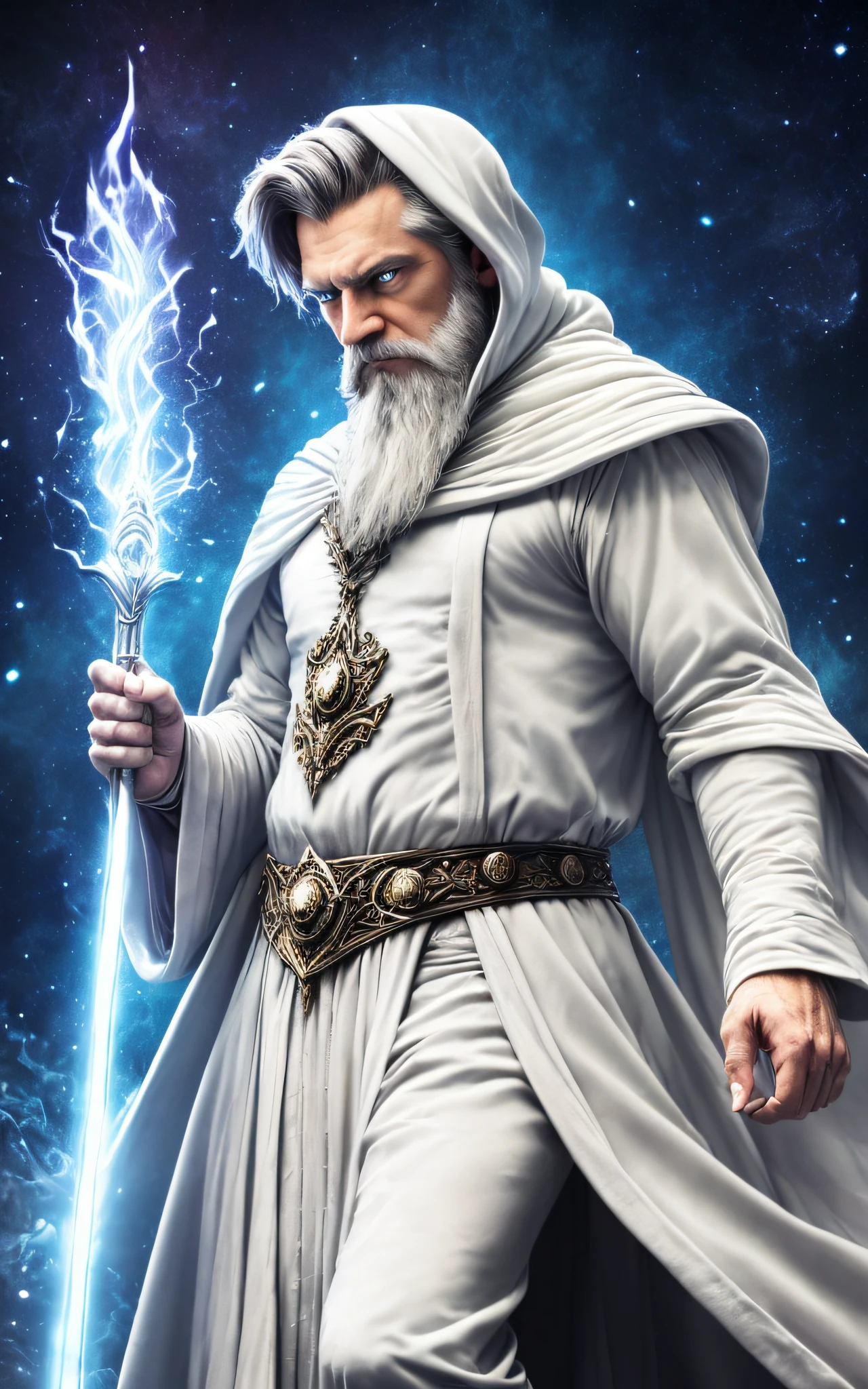 Modelshoot style, (extremely detailed 8k wallpaper), (( a full body portrait of a White wizard casting a spell)), intricate, high detail, dramatic, fantasy world, fantastic location, skin pores, very dark lighting, heavy shadows, detailed and detailed face, (vibrant, photorealistic, realistic, dramatic, dark, sharp focus, 8k)