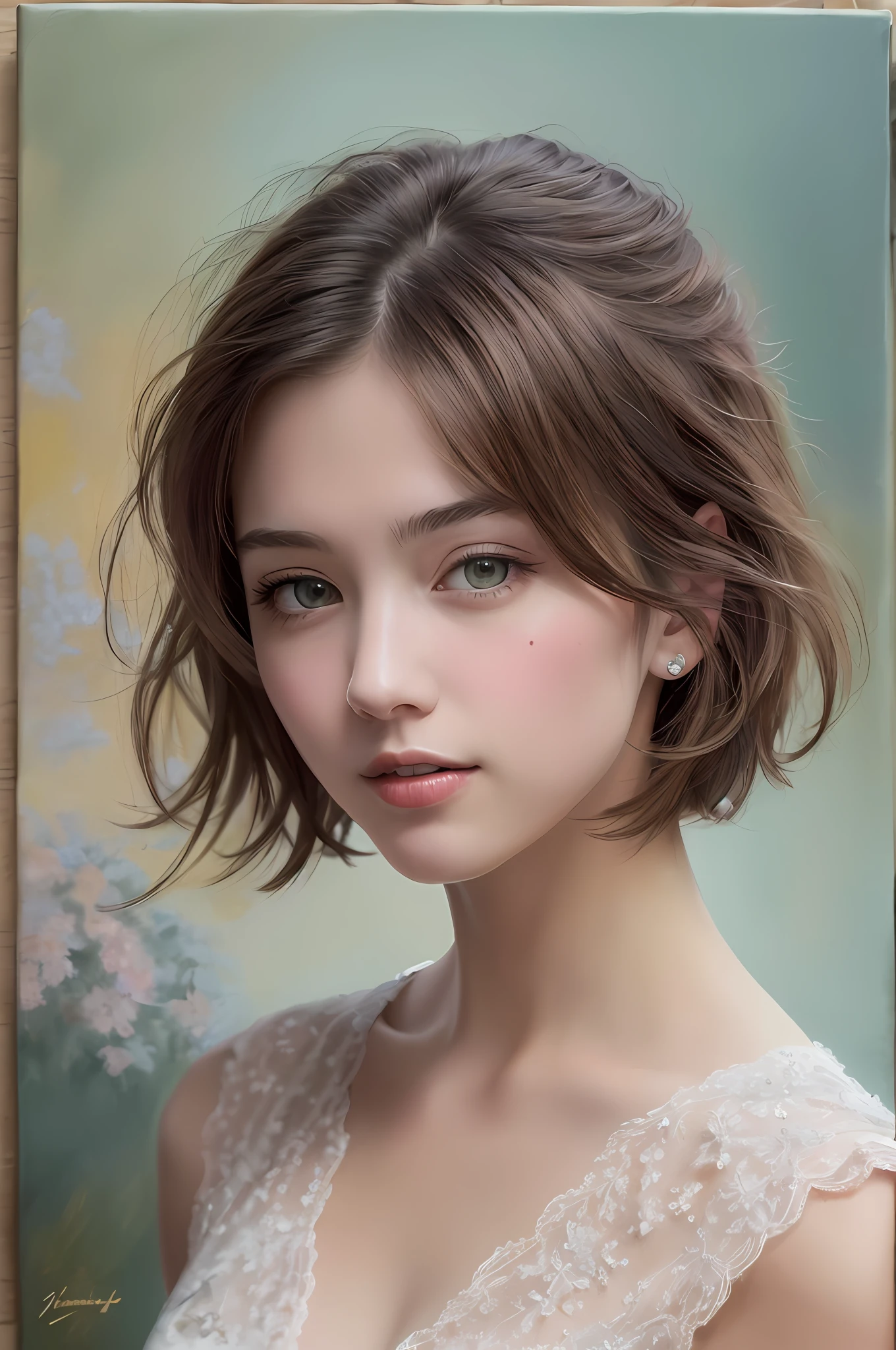 Masterpiece, Top Quality, Very Delicate and Beautiful Woman, Very Delicate and Beautiful, Campus Life, Ultra Definition, Top Quality, Brown Short Hair, High Resolution, Very Exquisite, Classy Woman, Smile, Best Quality, Illustration, Viewer, Impasto, Canvas, Oil Painting, Realism, Real